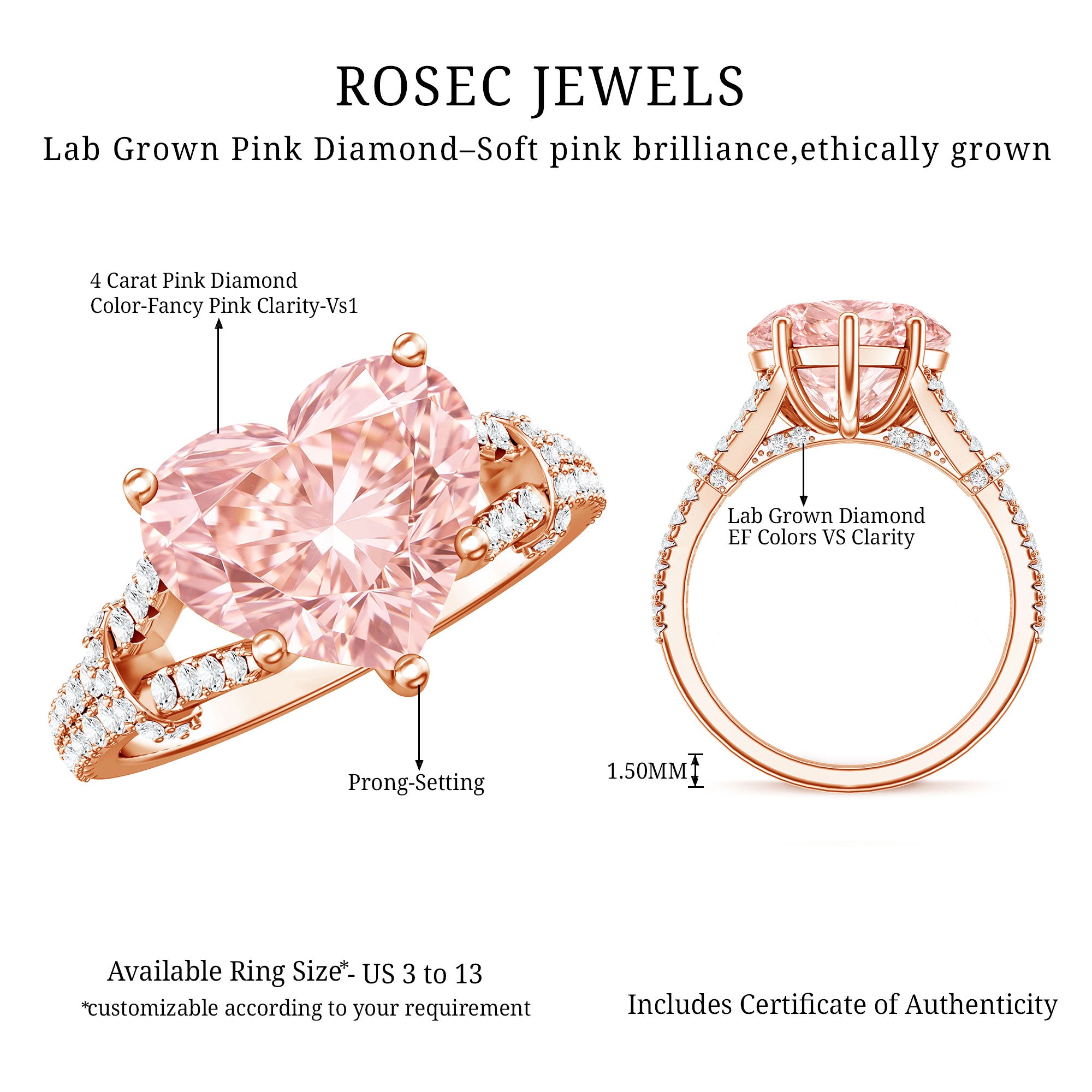 Rosec Jewels-IGI Certified 4 Carat Lab Grown Pink Diamond Heart Engagement Ring with Split Shank