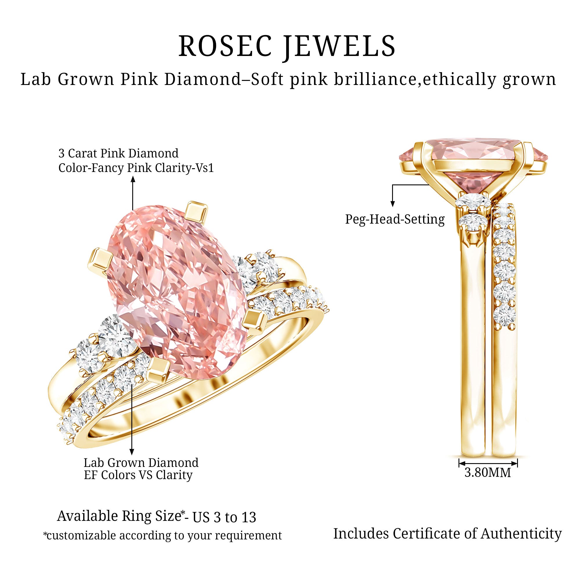Rosec Jewels-IGI Certified 3 Carat Oval Shape Lab Pink Diamond Wedding Bridal Ring Set of 2