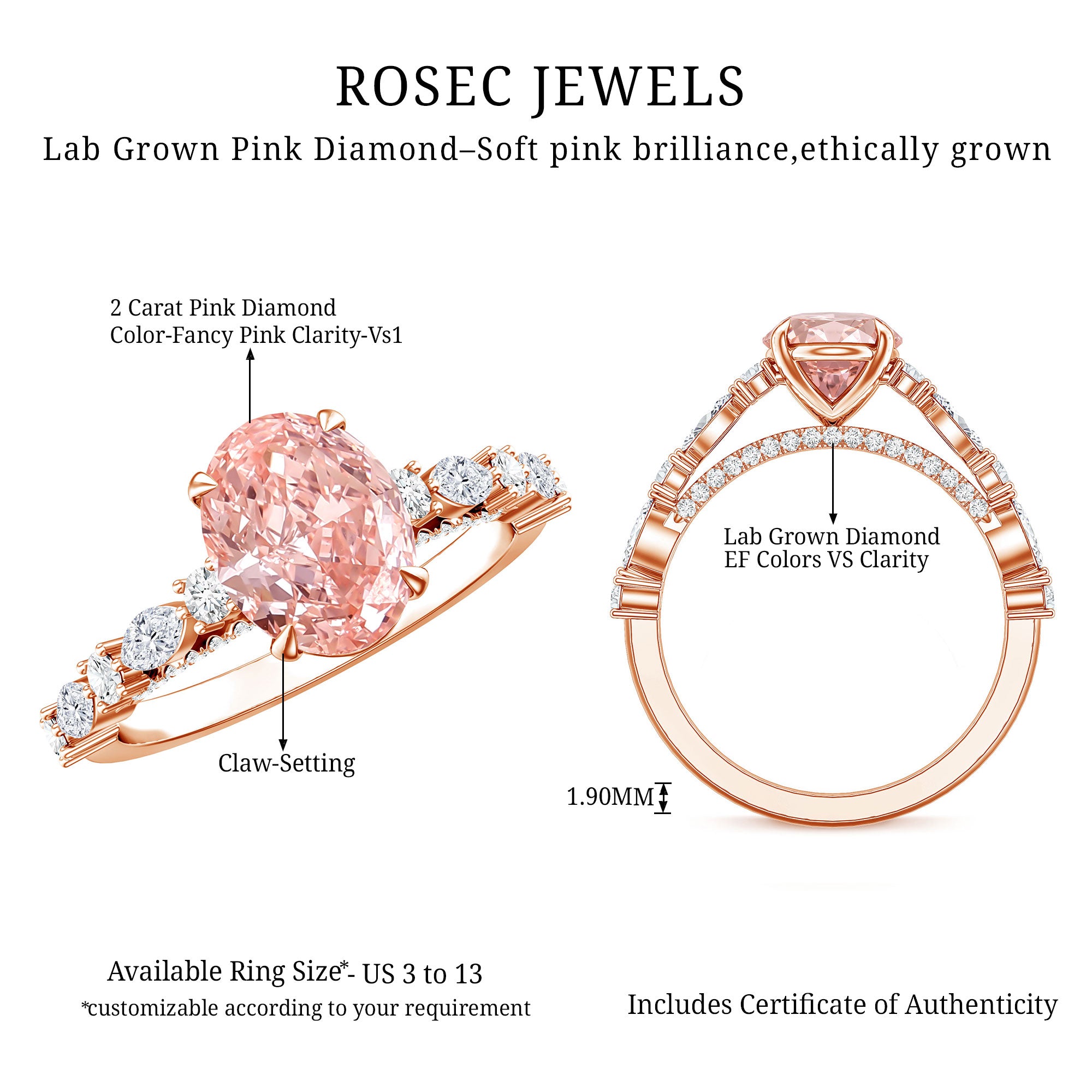 Rosec Jewels-IGI Certified Lab Grown 2 Carat Pink Diamond Oval Engagement Ring with Surprise Band