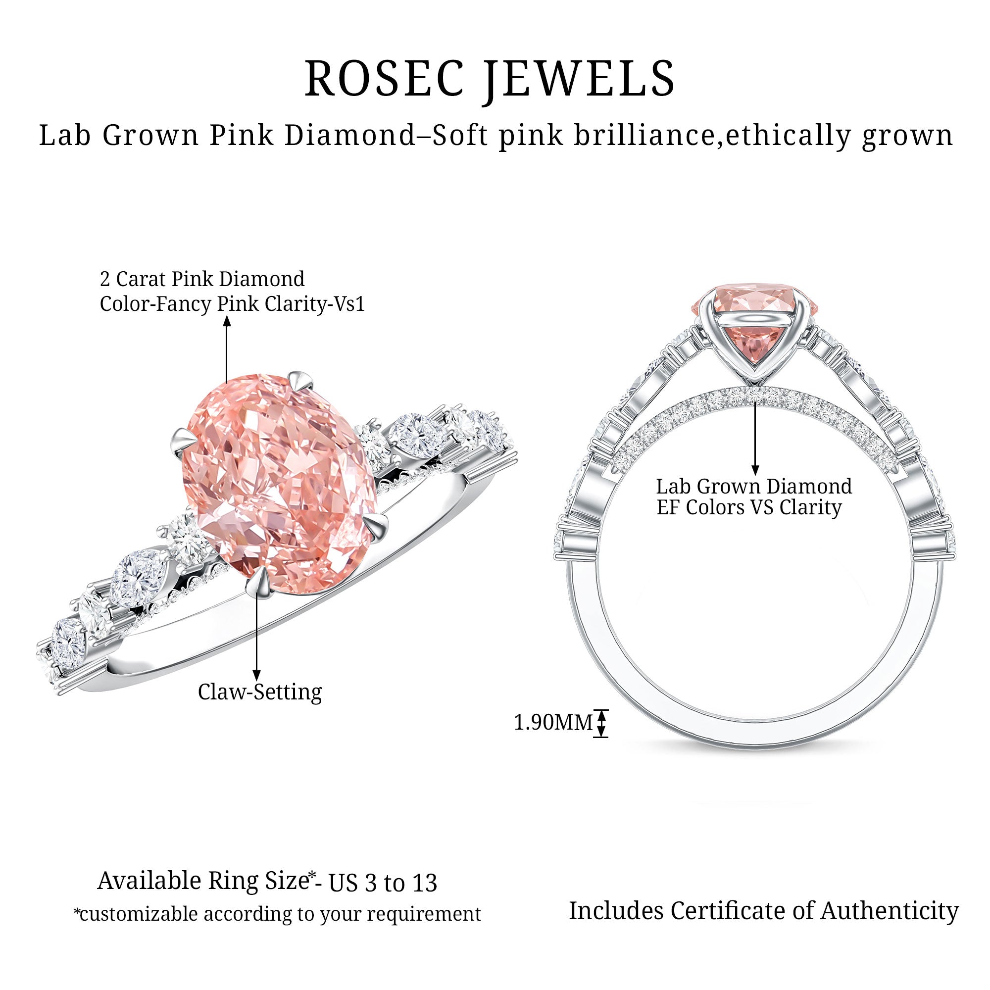 Rosec Jewels-IGI Certified Lab Grown 2 Carat Pink Diamond Oval Engagement Ring with Surprise Band