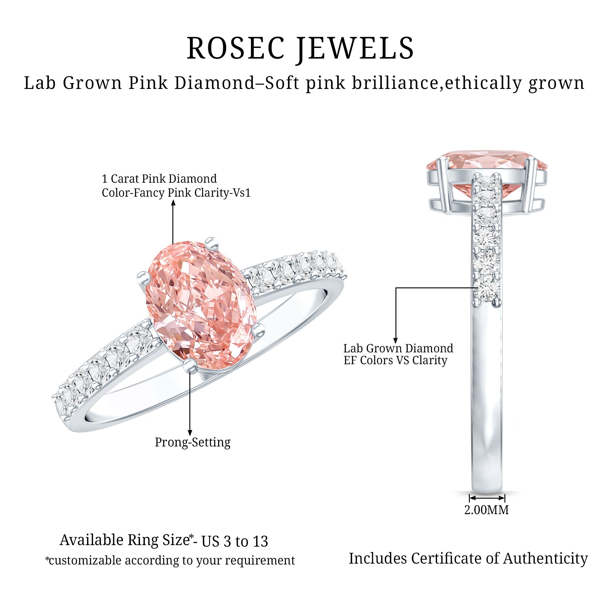 IGI Certified 1 Carat Lab Grown Pink Diamond Oval Engagement Ring for Women Fancy Pink - VS1 - Rosec Jewels