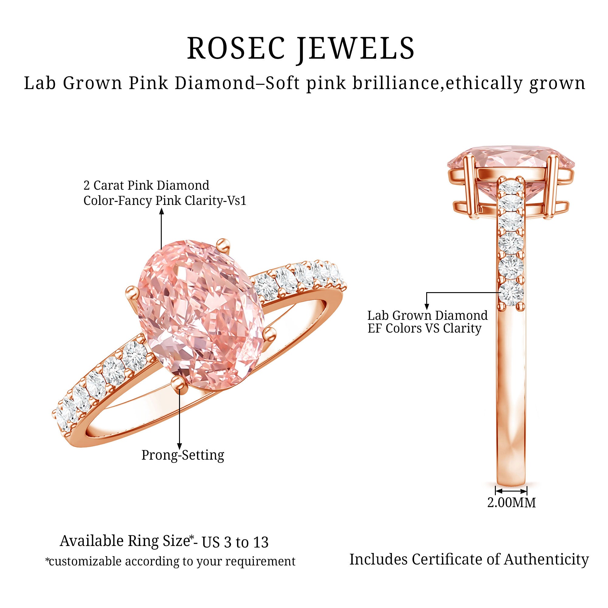 Rosec Jewels-IGI Certified 2 Carat Lab Grown Oval Pink Diamond Engagement Ring with Side Stones