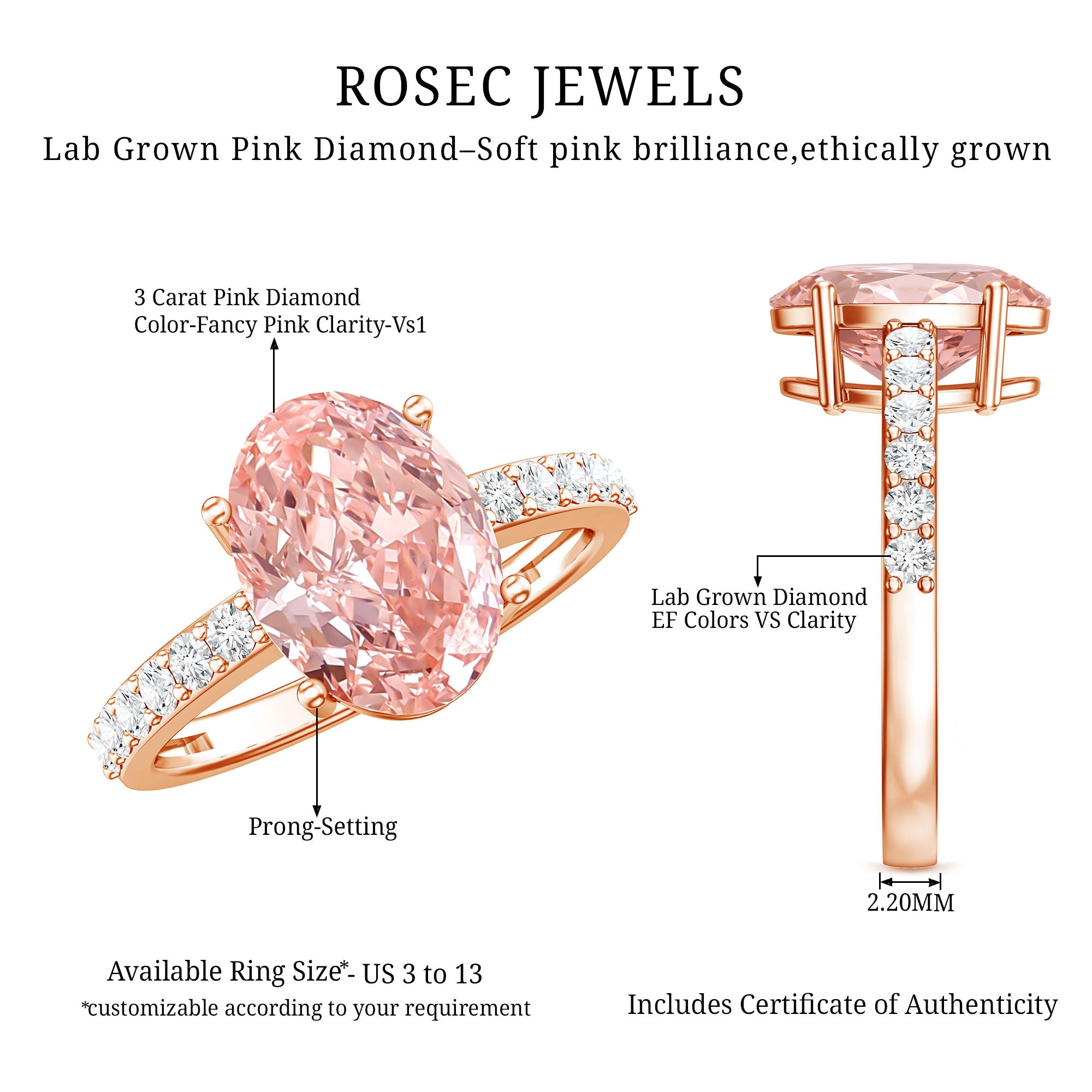 Rosec Jewels-3 Carat Lab Grown Pink Diamond Oval Solitaire Engagement Ring IGI Certified