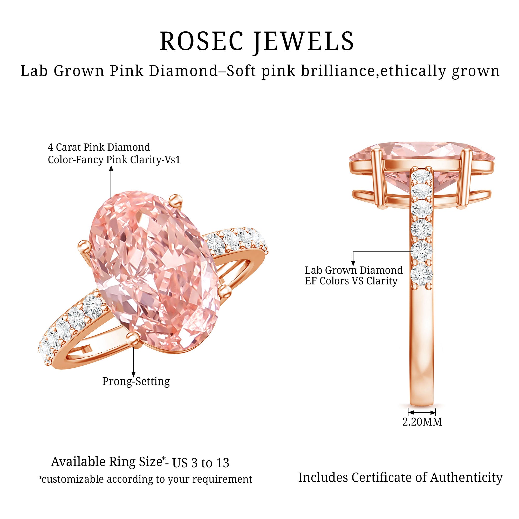 Rosec Jewels-Elongated Oval Lab Grown Pink Diamond 4 Carat Engagement Ring IGI Certified