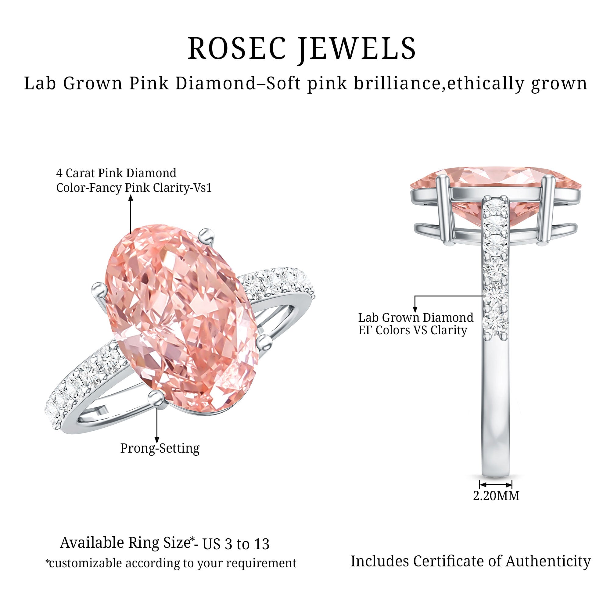 Rosec Jewels-Elongated Oval Lab Grown Pink Diamond 4 Carat Engagement Ring IGI Certified