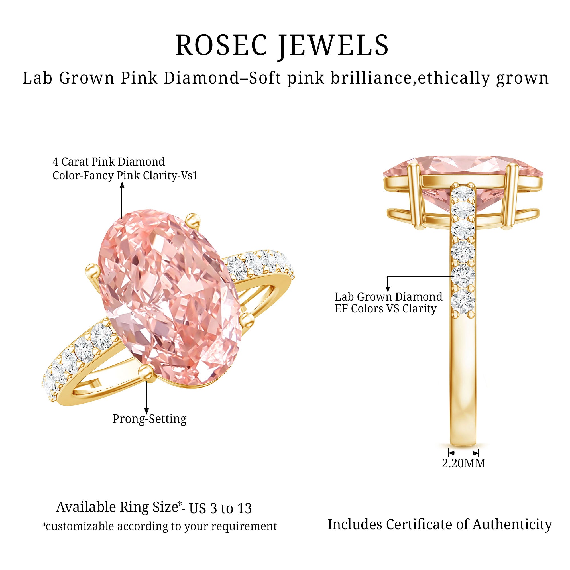 Rosec Jewels-Elongated Oval Lab Grown Pink Diamond 4 Carat Engagement Ring IGI Certified