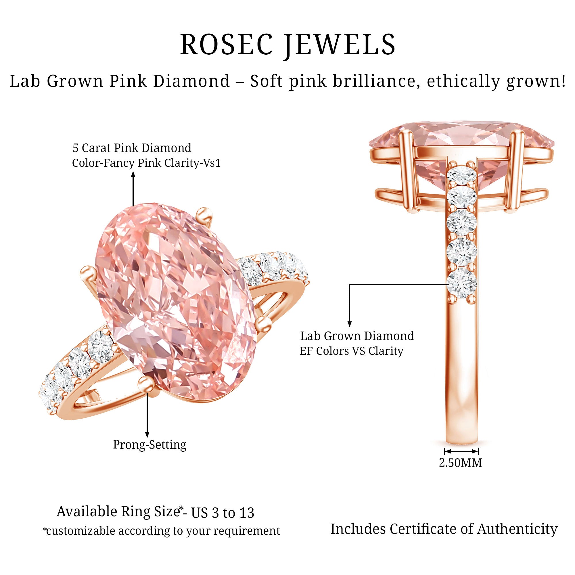Rosec Jewels-Huge 5 Carat Lab Grown Pink Diamond Oval Engagement Ring IGI Certified