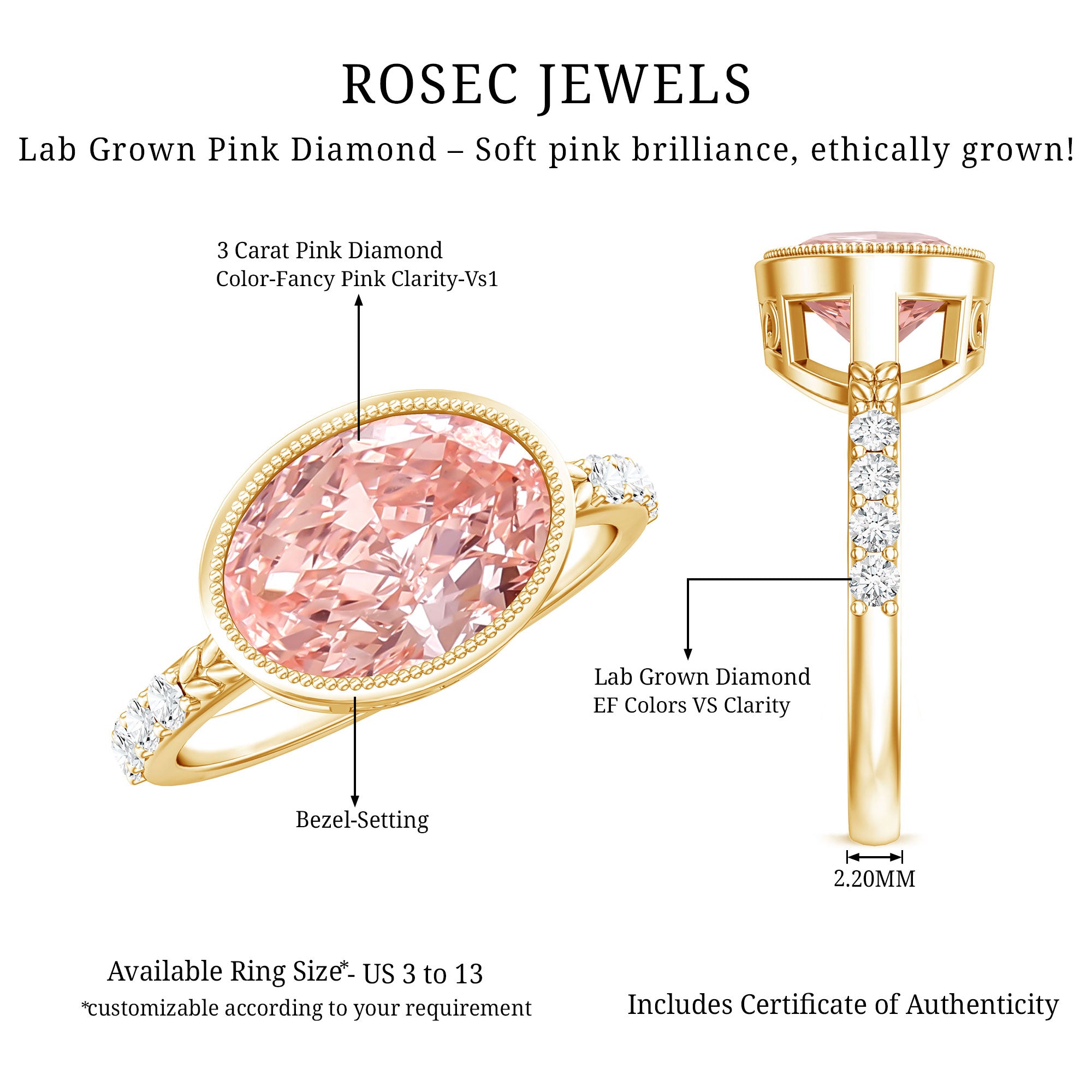 Rosec Jewels-Oval Shape 3 Carat Lab Grown Pink Diamond East West Engagement Ring IGI Certified