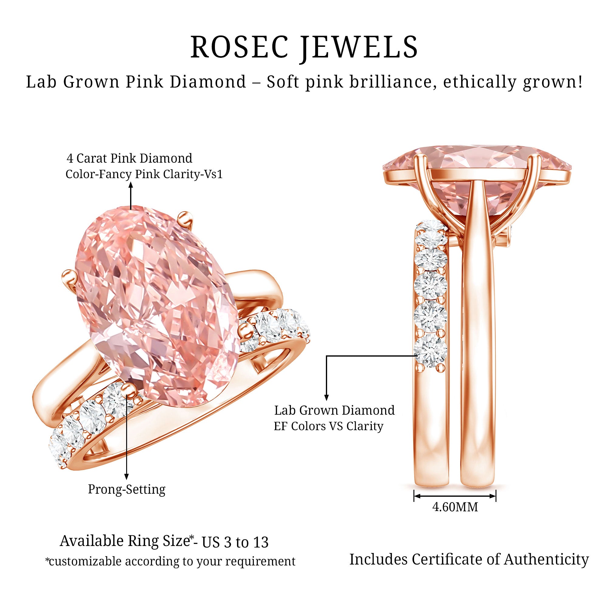 Rosec Jewels-4 Carat IGI Certified Lab Grown Pink Diamond Oval Engagement Ring with Wedding Band