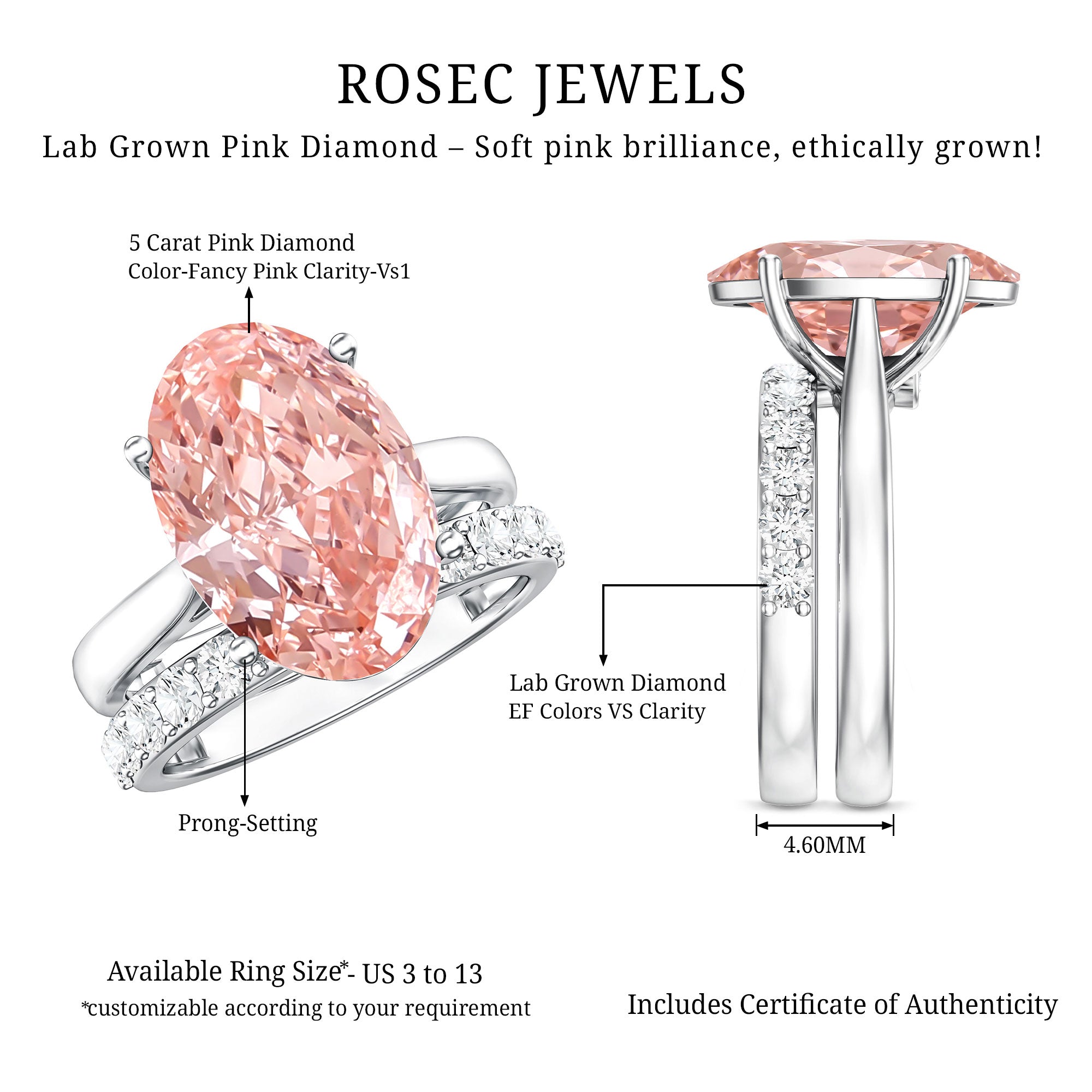 Rosec Jewels-5 Carat Oval Shape Lab Grown Pink Diamond Solitaire Wedding Ring Set IGI Certified