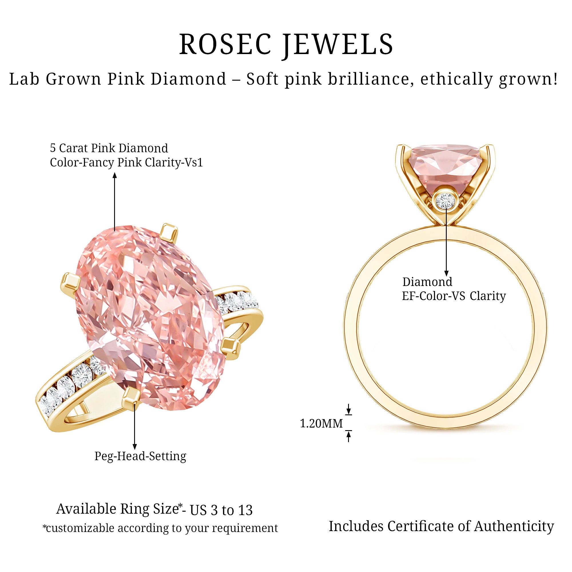 Rosec Jewels-5 Carat Oval Lab Grown Pink Diamond Statement Ring with IGI Certificate