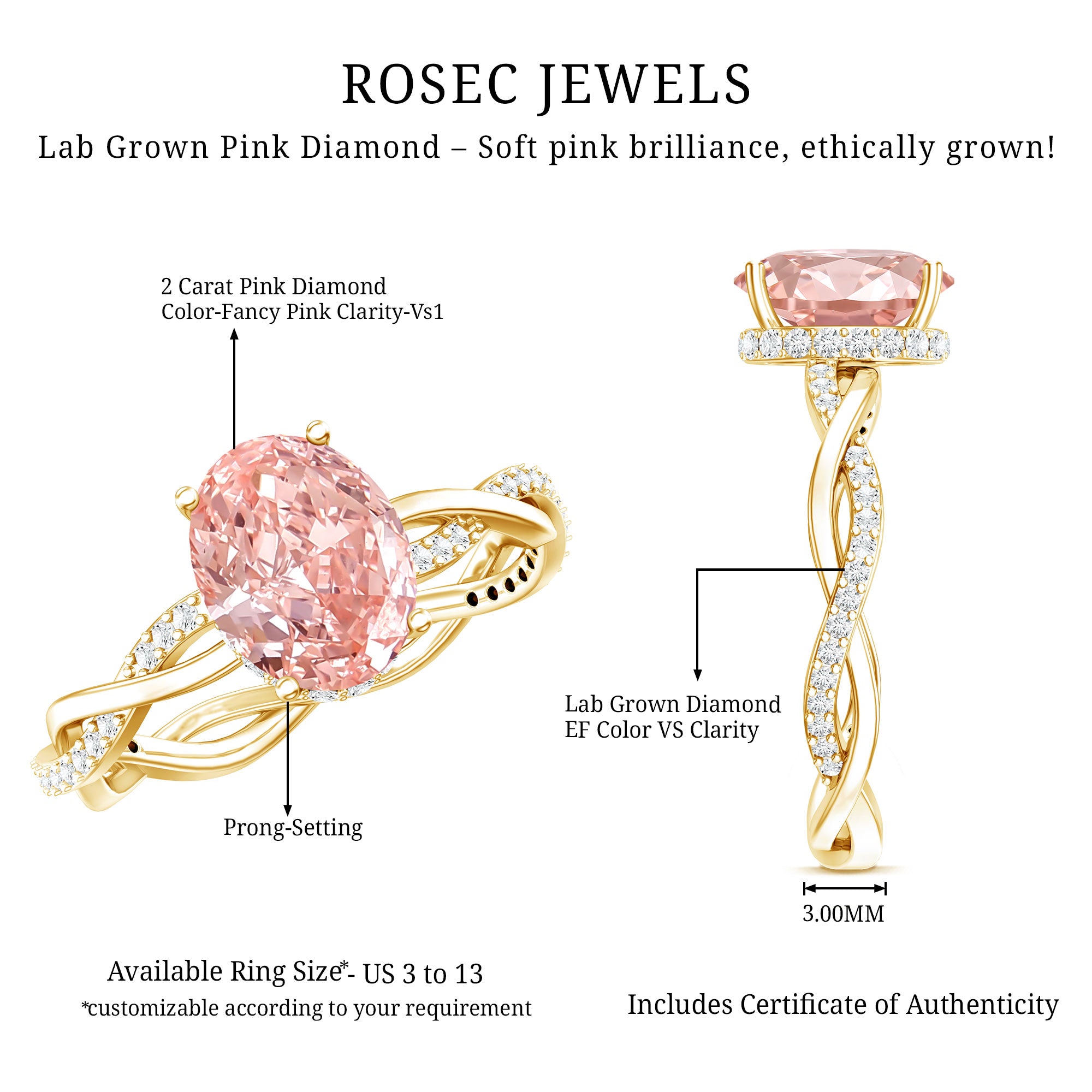 Rosec Jewels-2 Carat Lab Grown Oval Pink Diamond Braided Engagement Ring with IGI Certificate