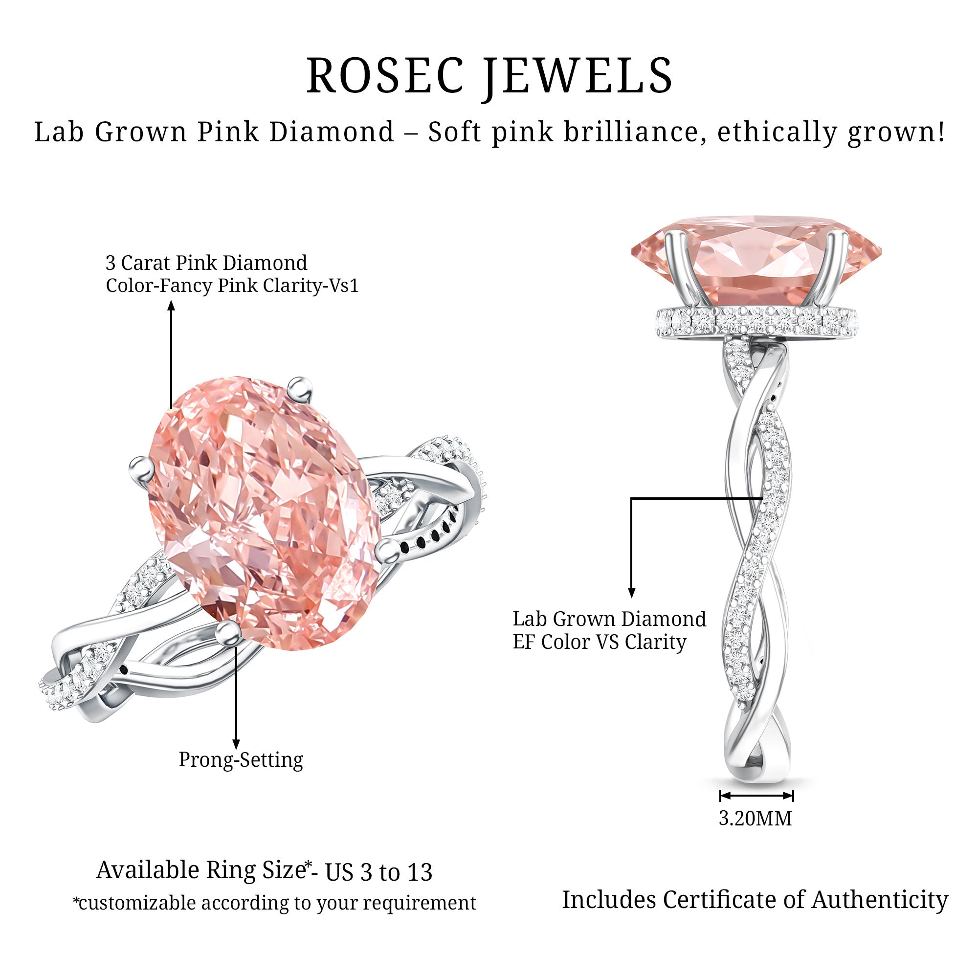Rosec Jewels-IGI Certified 3 Carat Oval Lab Created Pink Diamond Infinity Band Engagement Ring