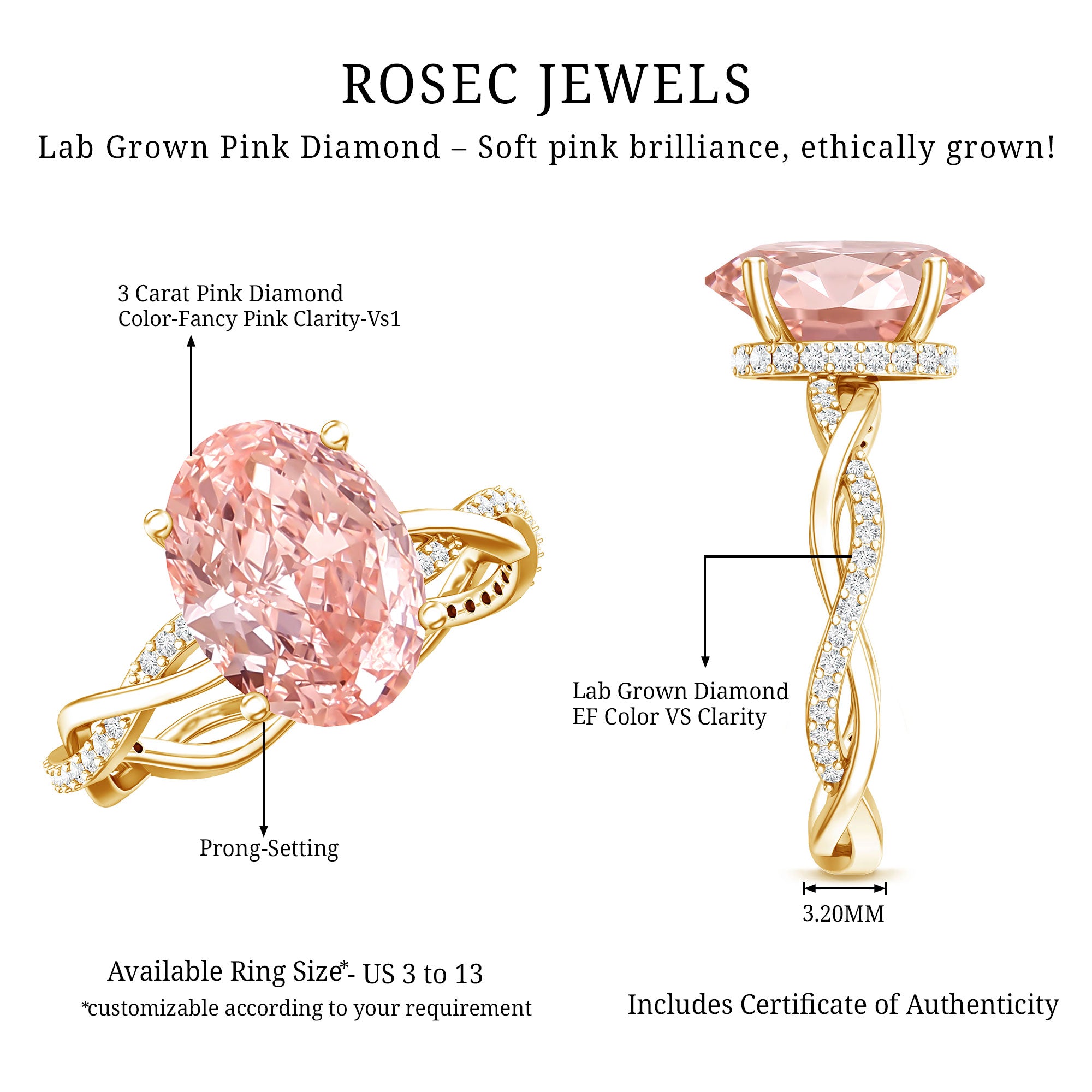 Rosec Jewels-IGI Certified 3 Carat Oval Lab Created Pink Diamond Infinity Band Engagement Ring