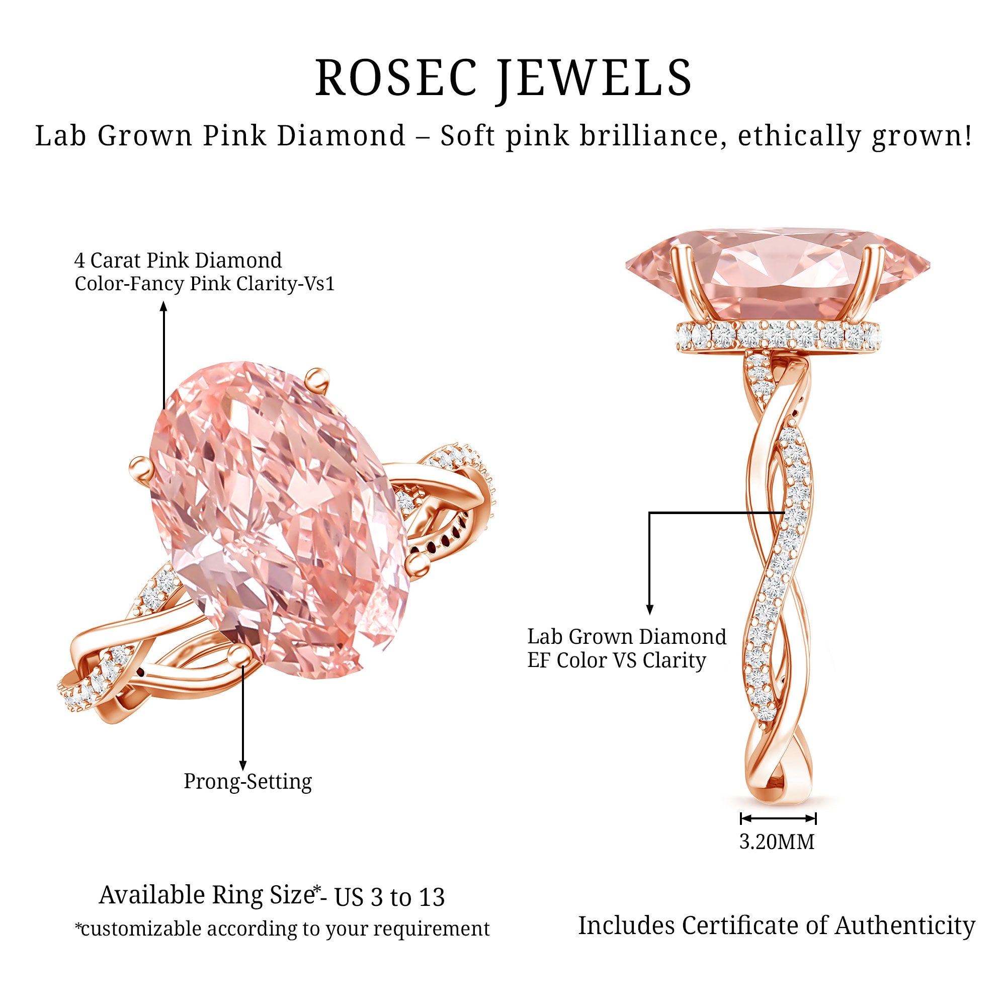 Rosec Jewels-4 Carat IGI Certified Lab Grown Pink Diamond Oval Engagement Ring with Braided Band