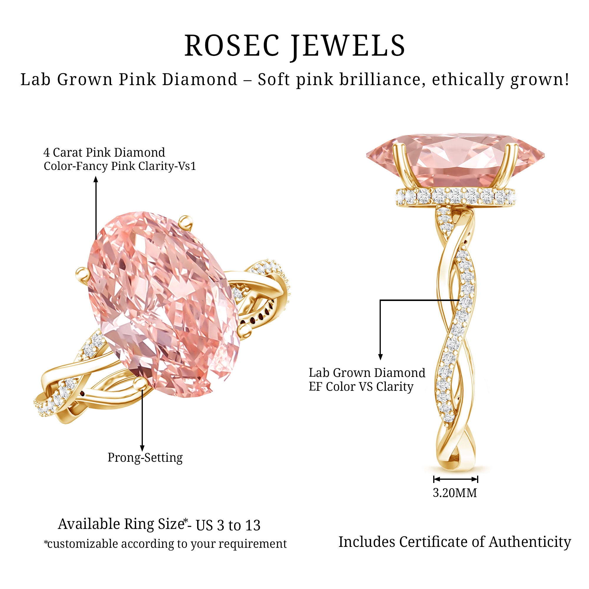 Rosec Jewels-4 Carat IGI Certified Lab Grown Pink Diamond Oval Engagement Ring with Braided Band