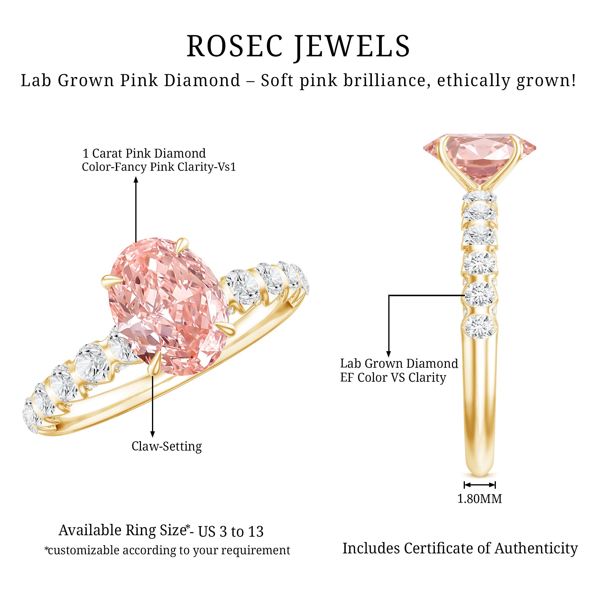 Rosec Jewels-IGI Certified 1 Ct Lab Grown Pink and White Diamond Engagement Ring with Side Stones