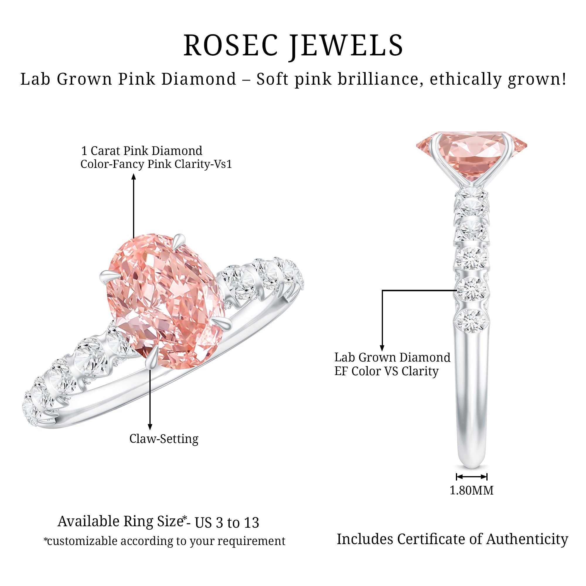 Rosec Jewels-IGI Certified 1 Ct Lab Grown Pink and White Diamond Engagement Ring with Side Stones