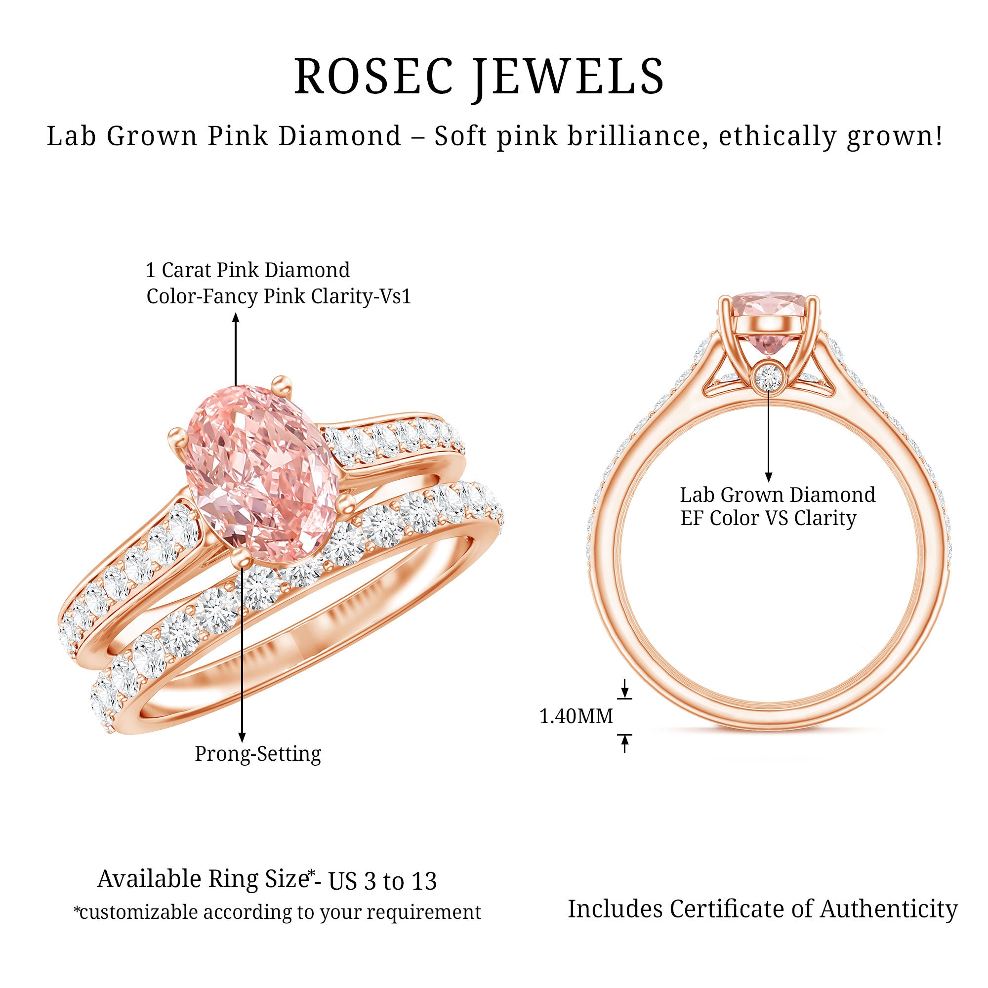 Rosec Jewels-1 Carat Oval Shaped Lab Grown Pink and White Diamond Wedding Ring Set IGI Certified