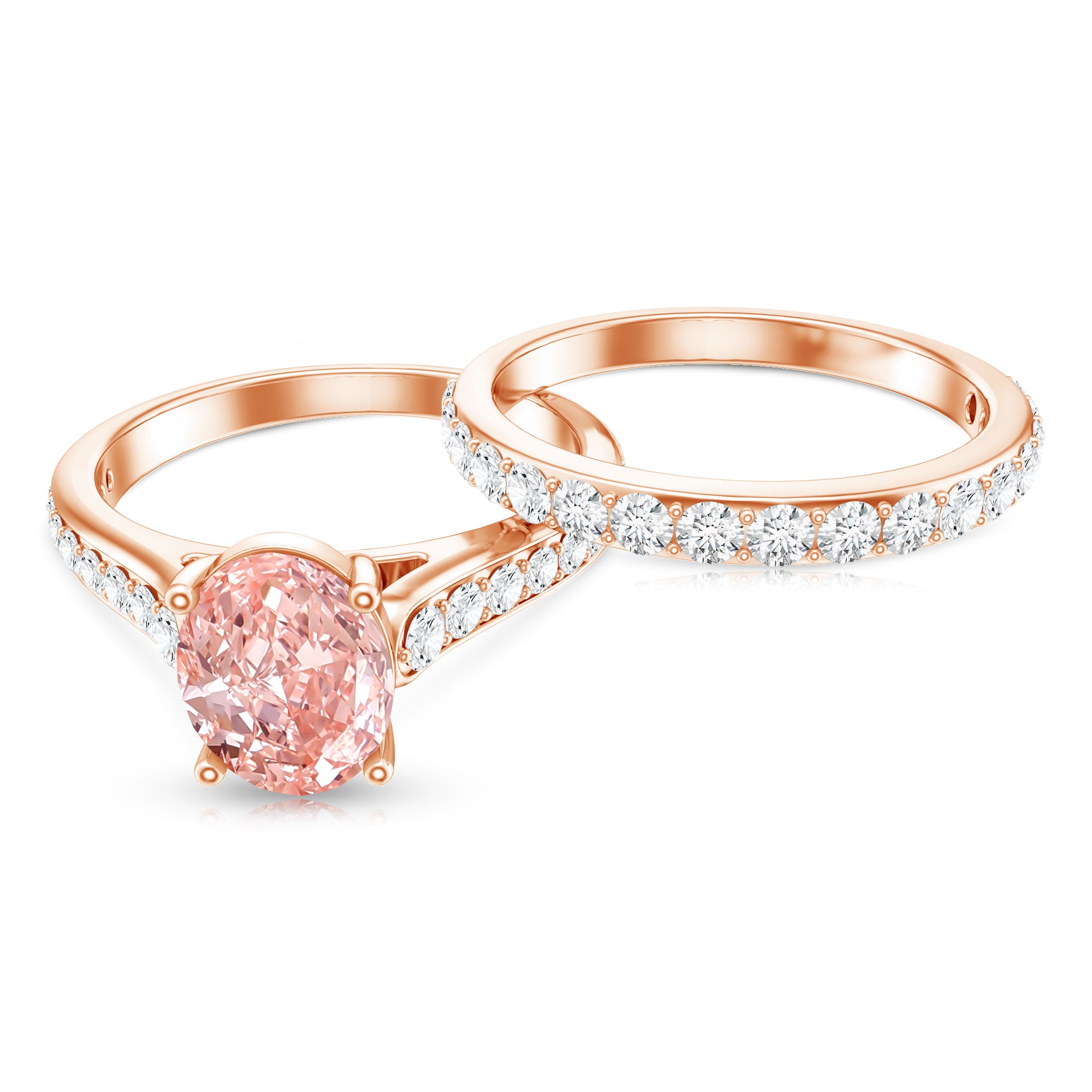 Rosec Jewels-1 Carat Oval Shaped Lab Grown Pink and White Diamond Wedding Ring Set IGI Certified