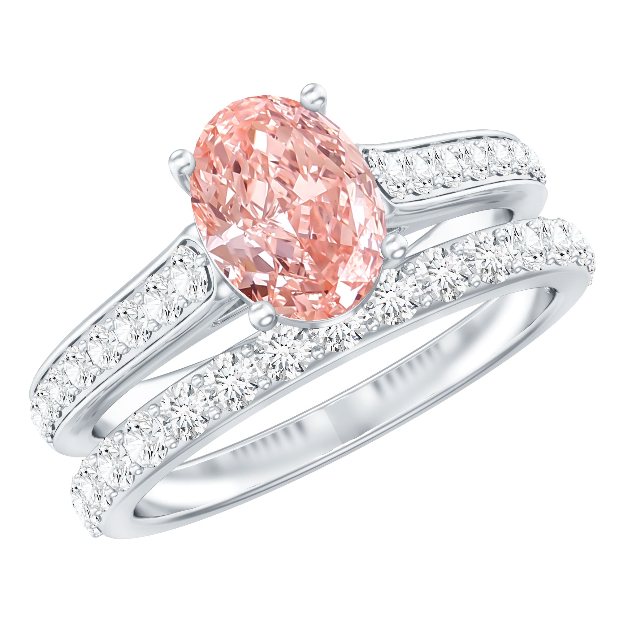 Rosec Jewels-1 Carat Oval Shaped Lab Grown Pink and White Diamond Wedding Ring Set IGI Certified