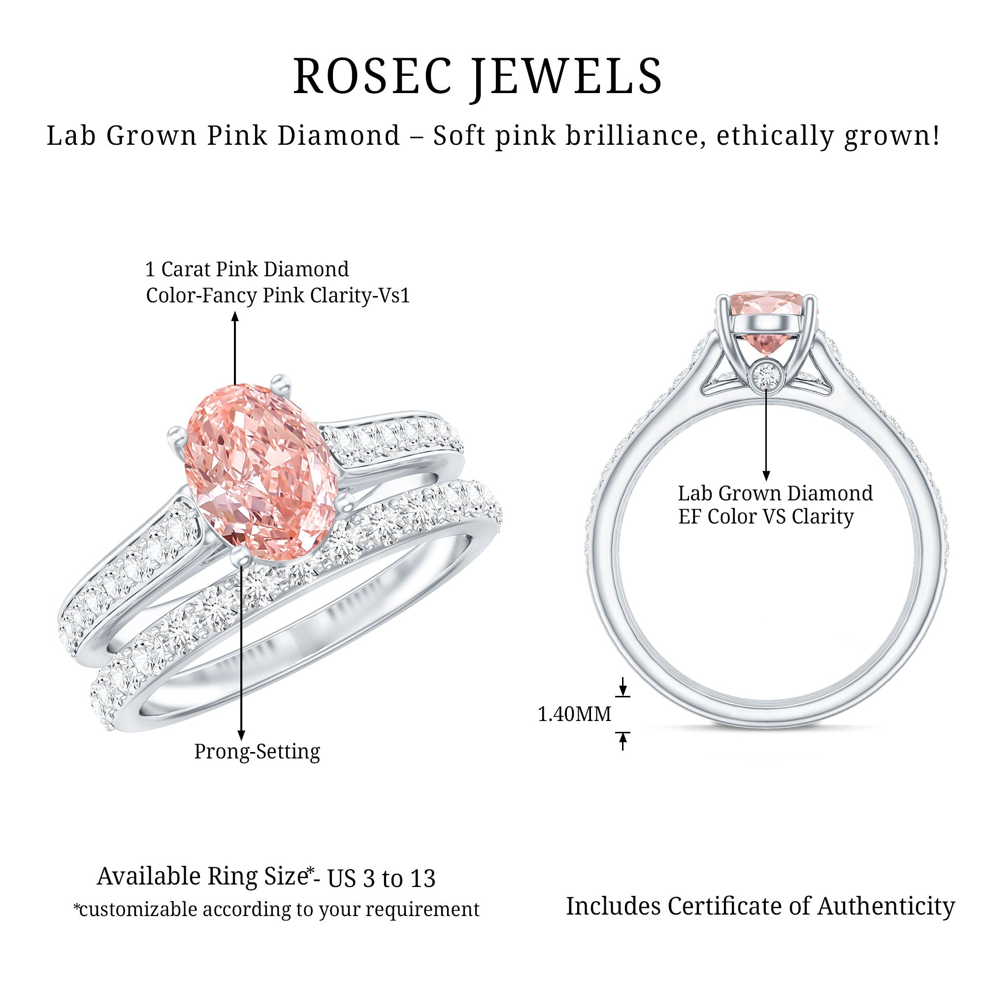 Rosec Jewels-1 Carat Oval Shaped Lab Grown Pink and White Diamond Wedding Ring Set IGI Certified