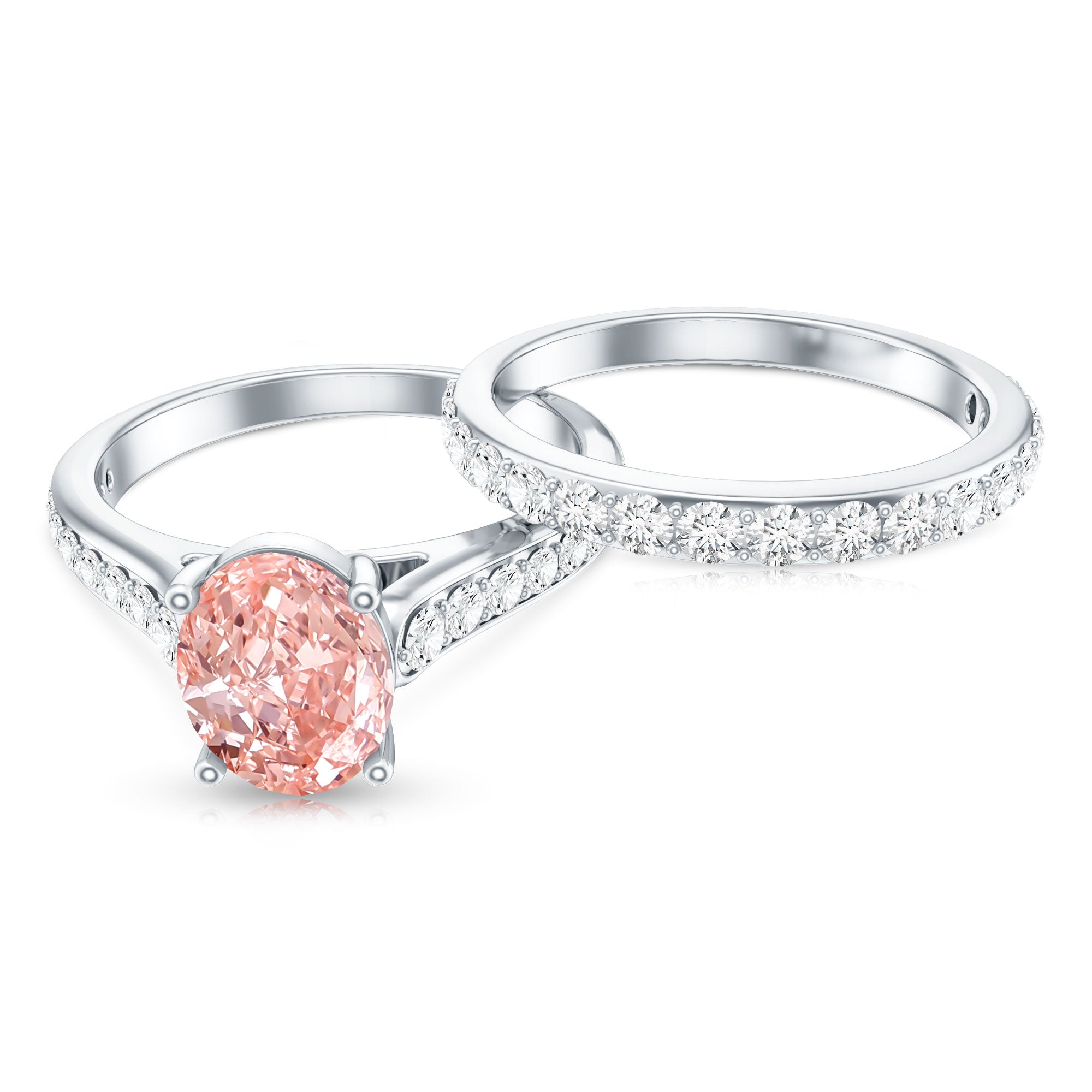 Rosec Jewels-1 Carat Oval Shaped Lab Grown Pink and White Diamond Wedding Ring Set IGI Certified