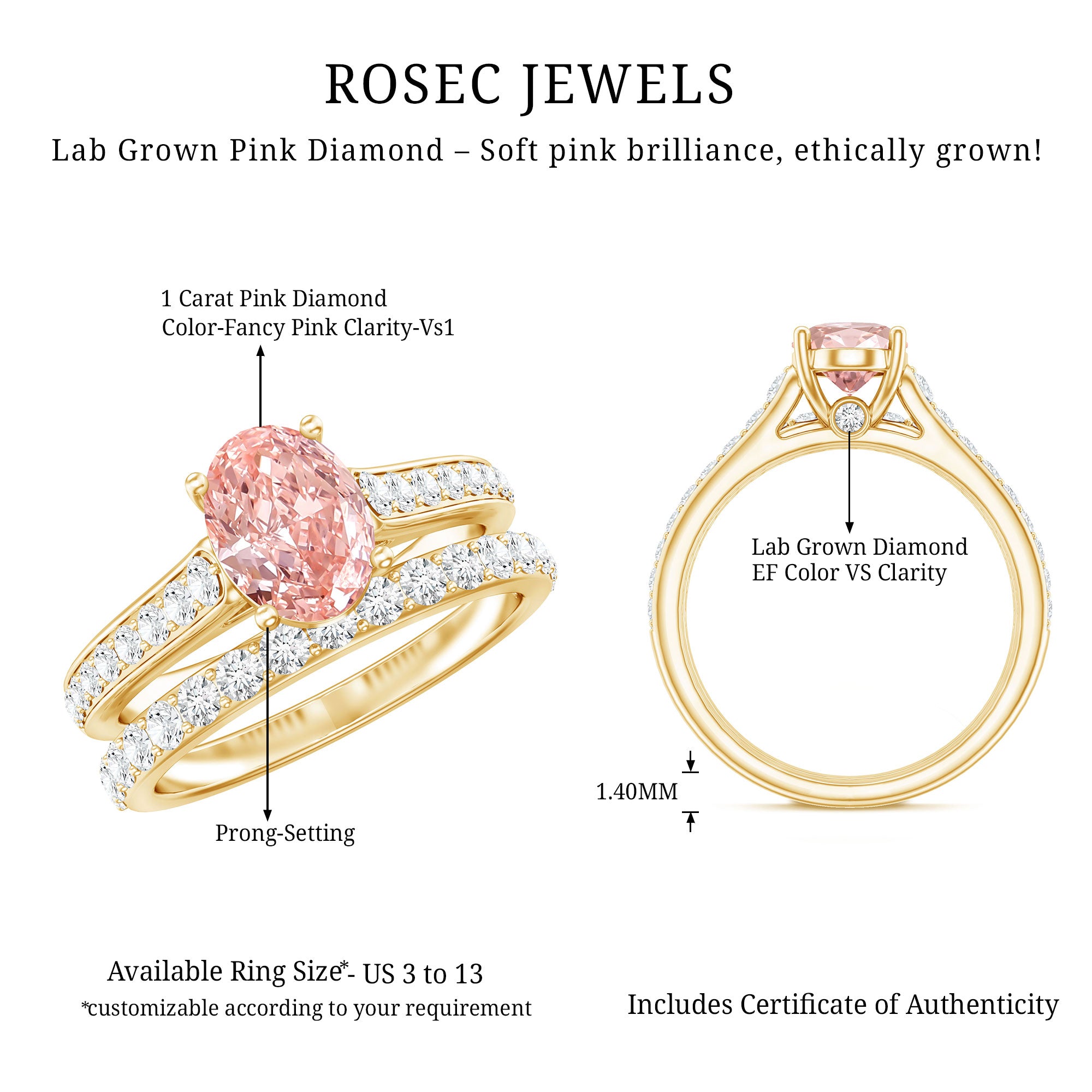 Rosec Jewels-1 Carat Oval Shaped Lab Grown Pink and White Diamond Wedding Ring Set IGI Certified