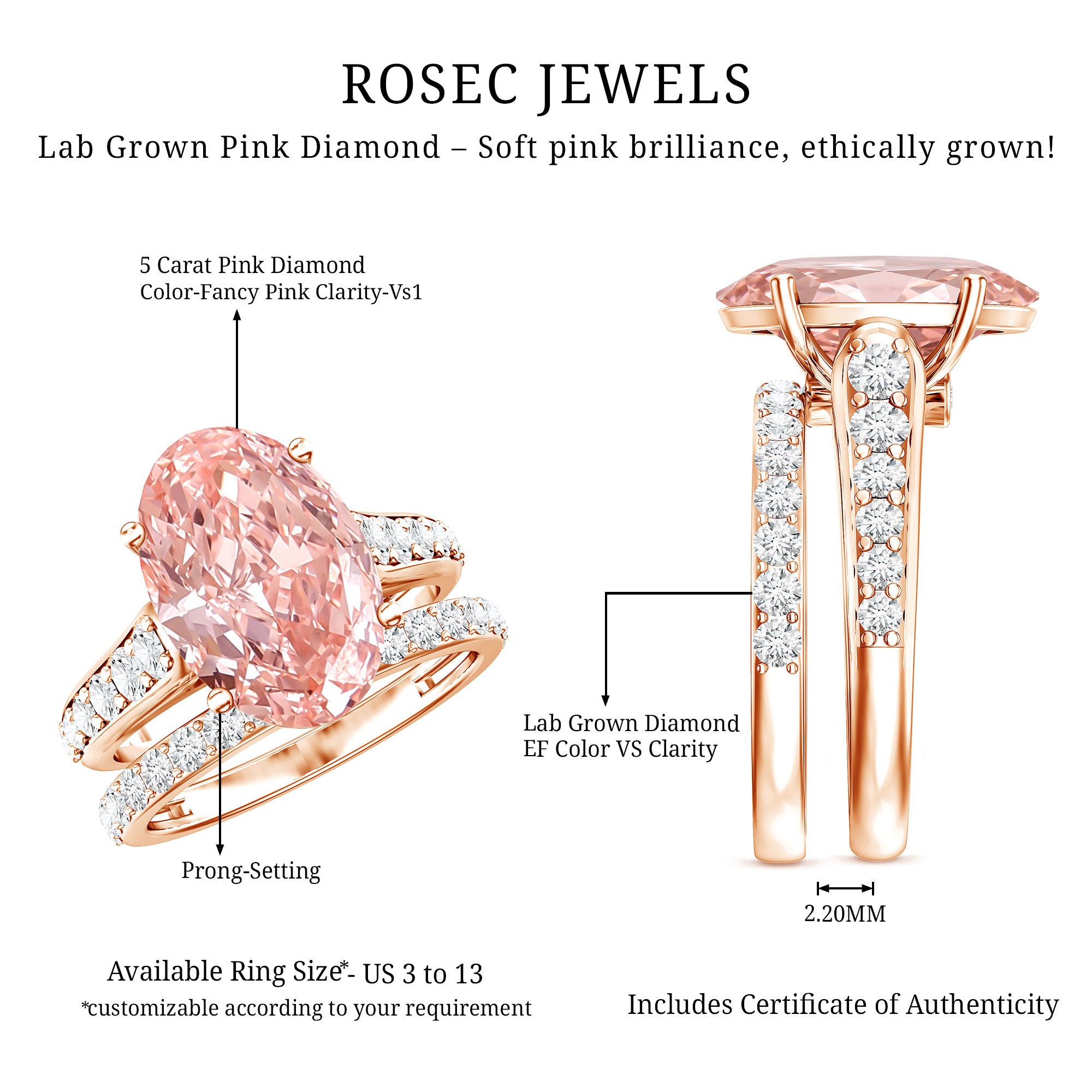 Rosec Jewels-5 Carat IGI Certified Lab Grown Pink Diamond Oval Engagement Ring Set