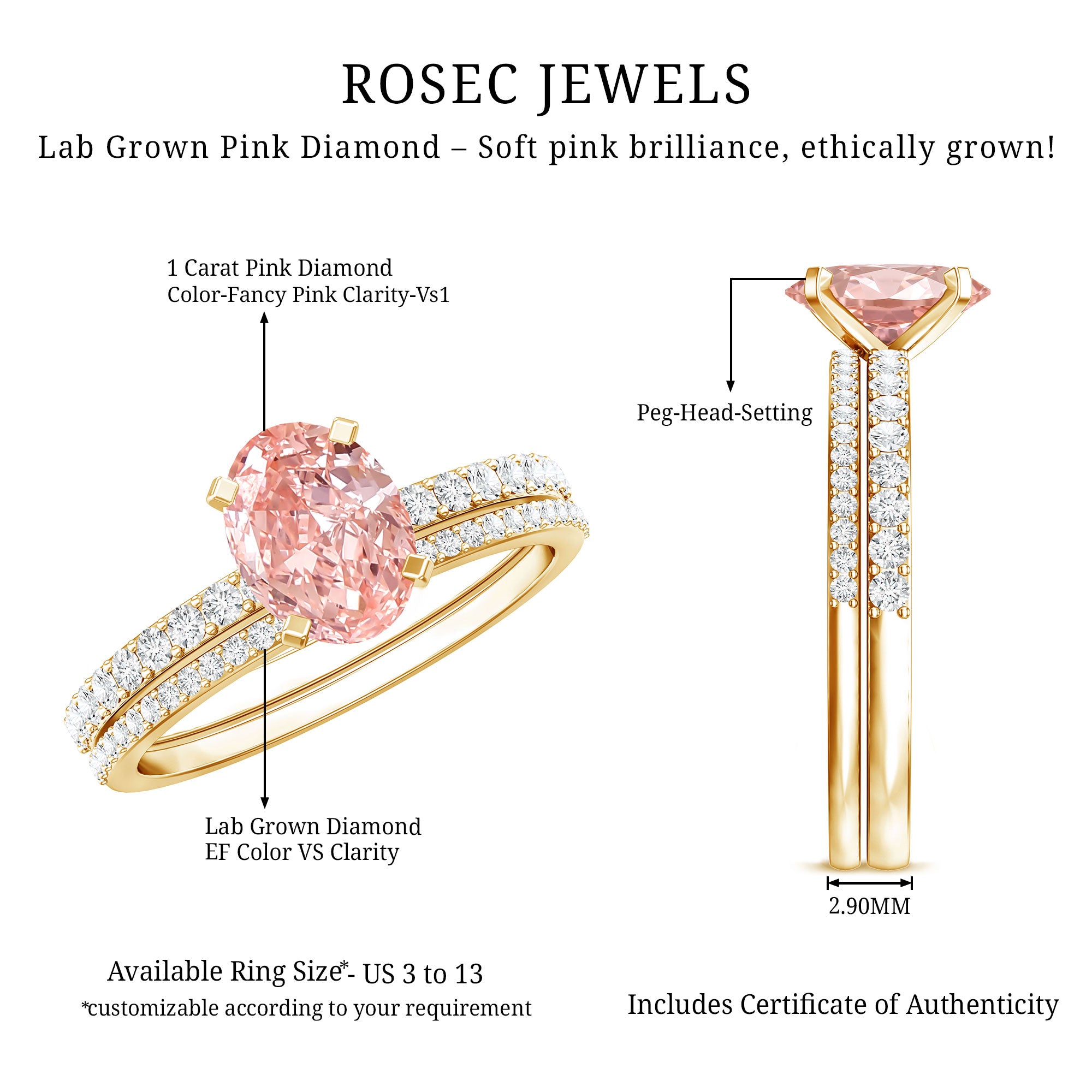Rosec Jewels-IGI Certified 1 Carat Lab Grown Pink Diamond Oval Wedding Ring Set