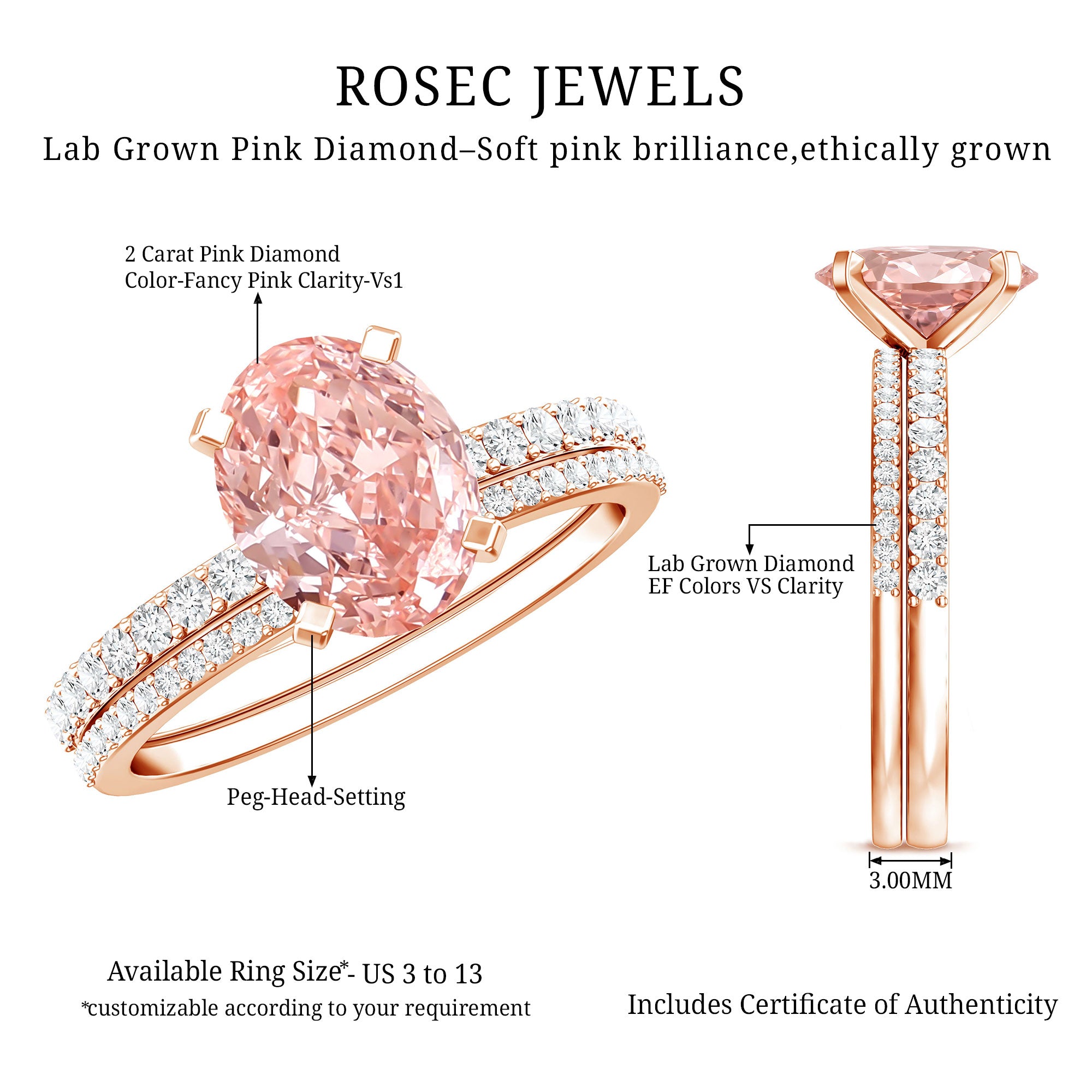 Rosec Jewels-Oval Shaped 2 Carat Lab Grown Pink Diamond Solitaire Bridal Ring Set with IGI Certificate