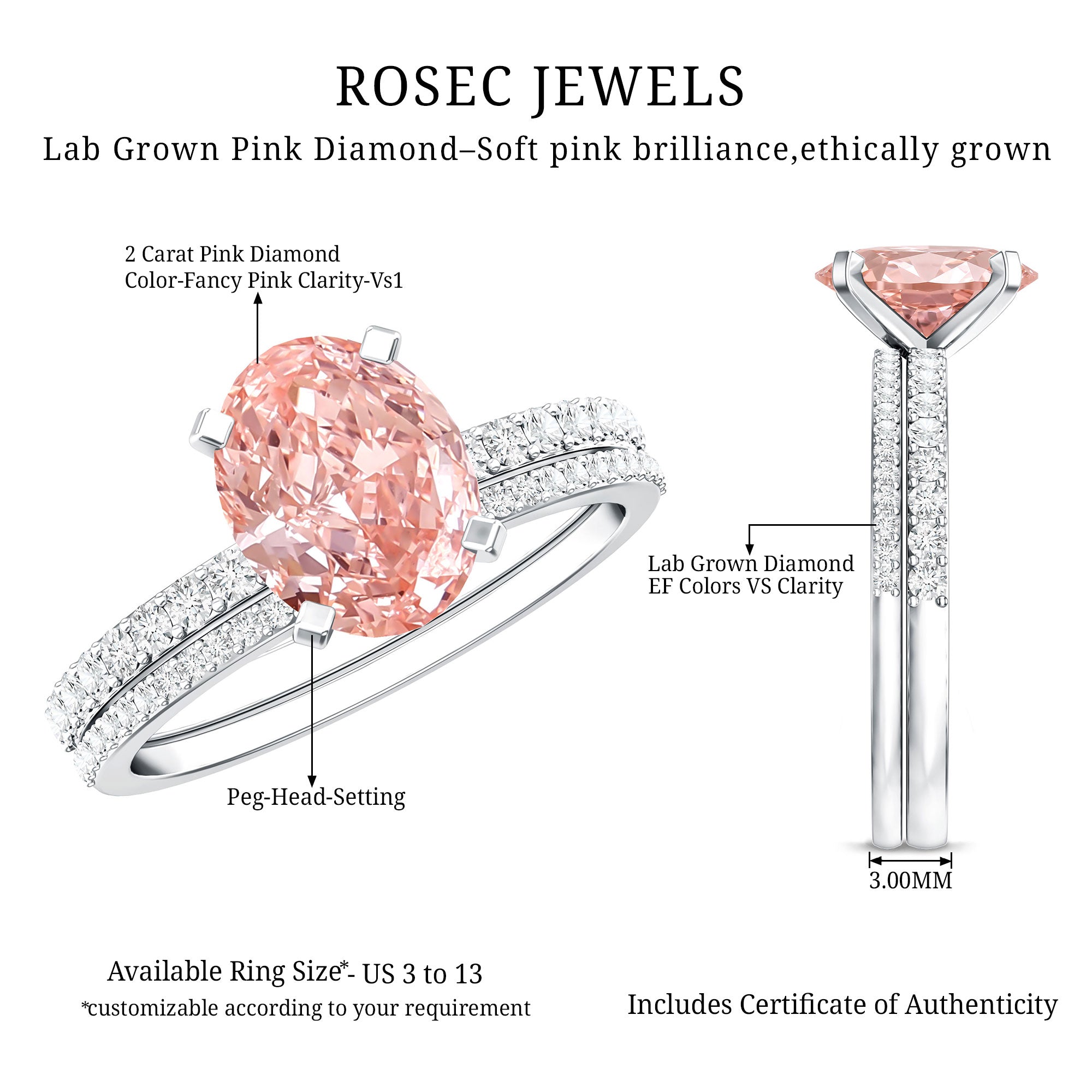 Rosec Jewels-Oval Shaped 2 Carat Lab Grown Pink Diamond Solitaire Bridal Ring Set with IGI Certificate