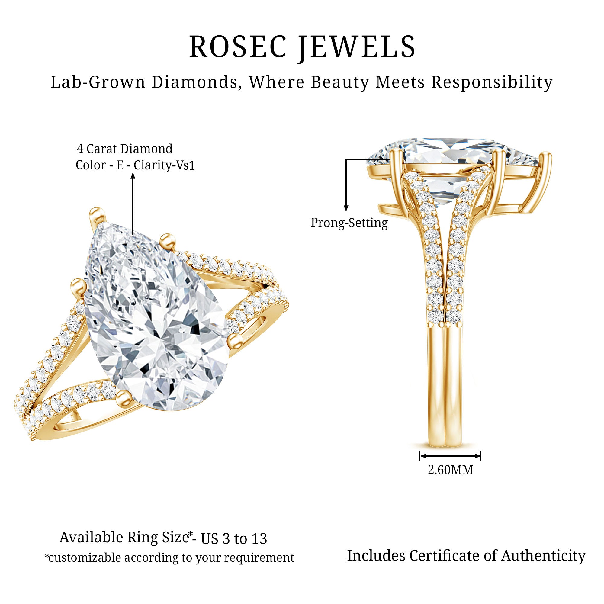 Rosec Jewels-Pear Shaped Lab Grown 4 Carat Diamond Split Shank Engagement Ring IGI Certified