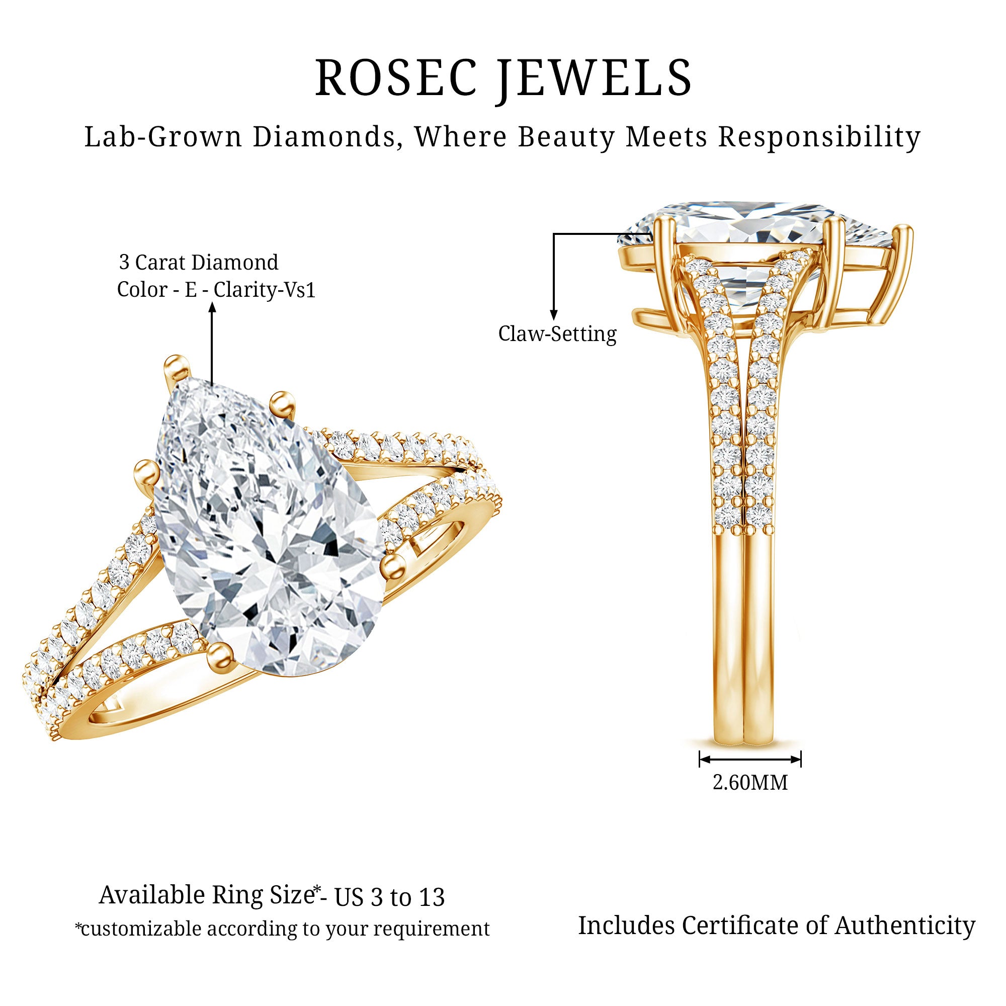 Rosec Jewels-3 Carat IGI Certified Lab Grown Pear Diamond Engagement Ring with Split Shank
