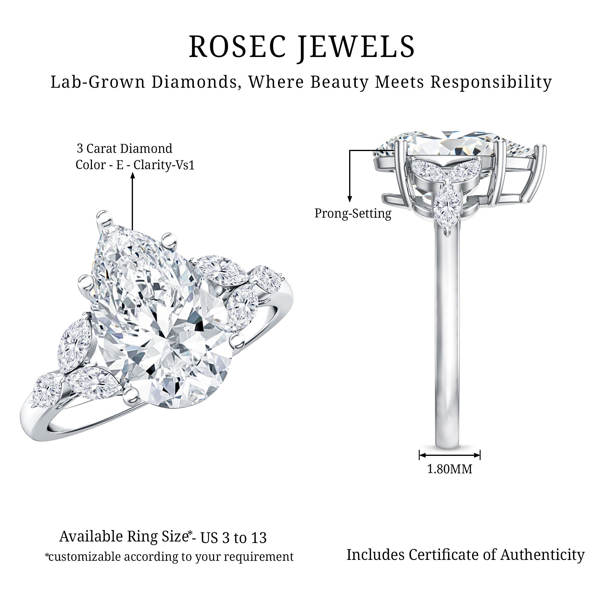 3 Carat Lab Grown Pear Shaped Diamond Engagement Ring with IGI Certificate Lab - ( E-VS1 ) - Rosec Jewels