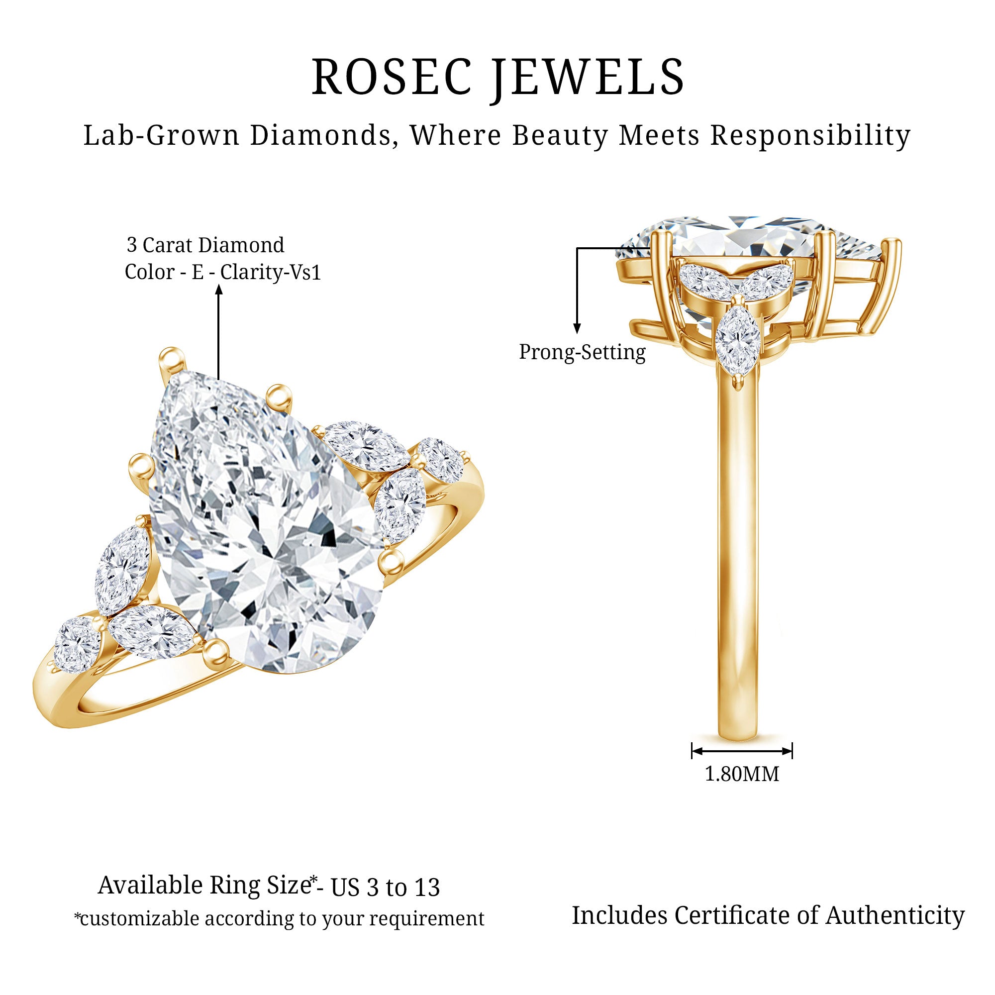 3 Carat Lab Grown Pear Shaped Diamond Engagement Ring with IGI Certificate Lab - ( E-VS1 ) - Rosec Jewels