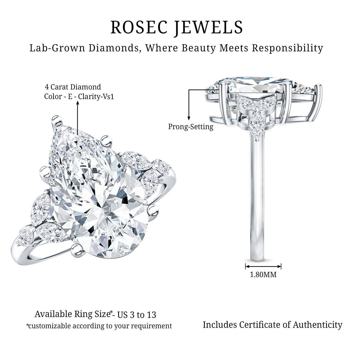 IGI Certified 4 Ct Lab Grown Diamond Large Statement Ring for Women Lab - ( E-VS1 ) - Rosec Jewels