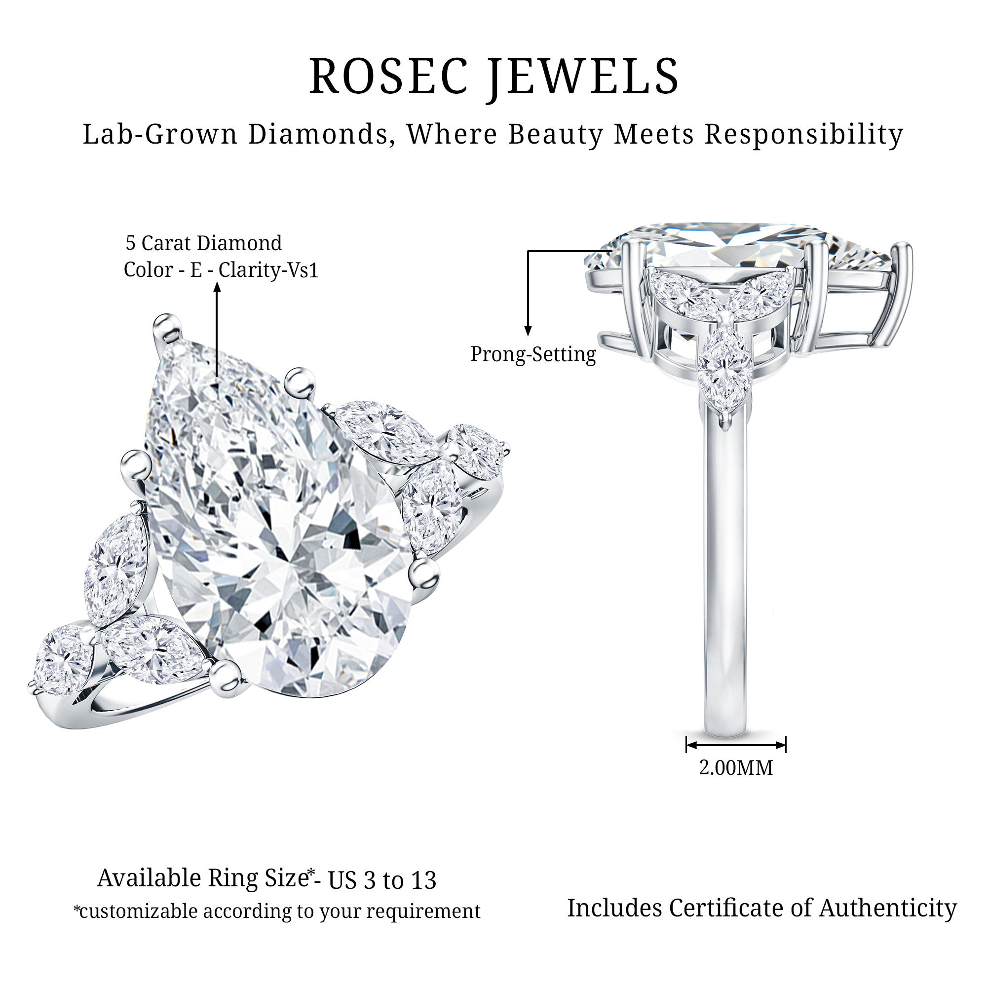 Rosec Jewels-IGI Certified 5 Carat Pear Shaped Lab Grown Diamond Huge Cocktail Ring