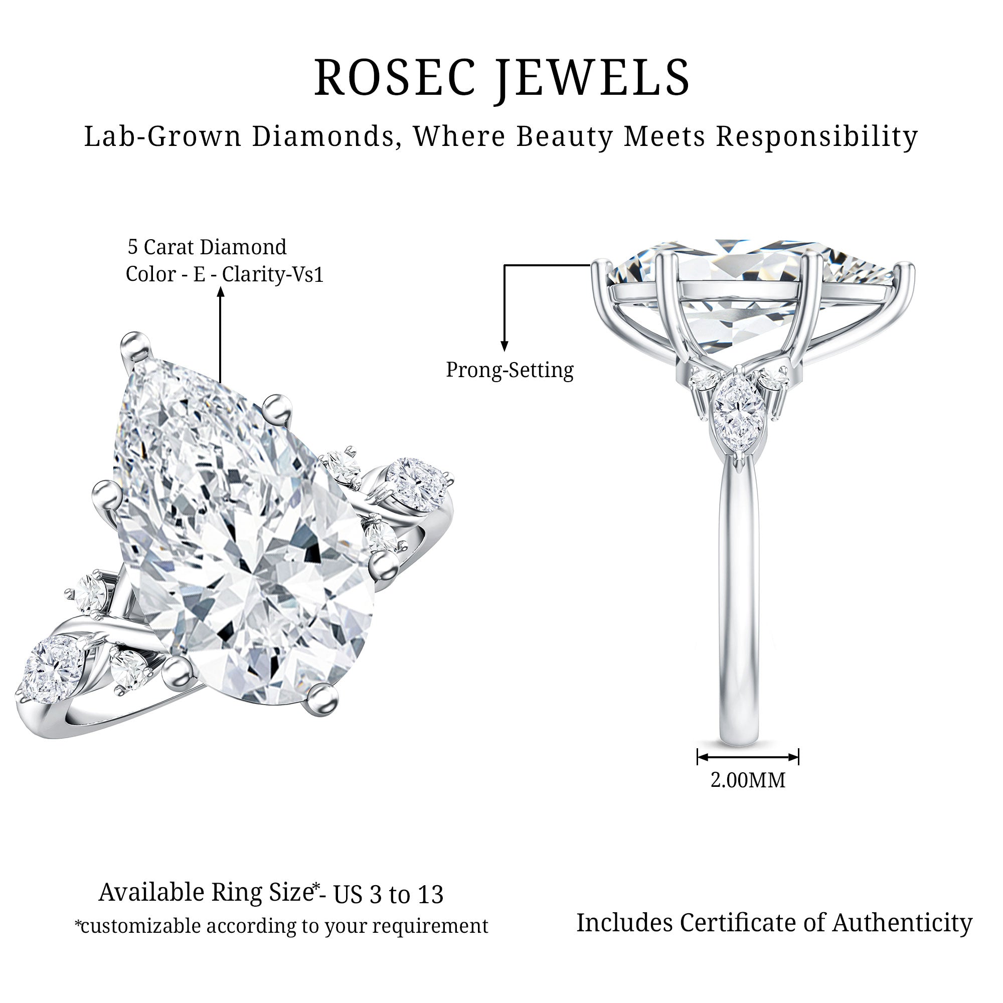 Rosec Jewels-IGI Certified 5 Carat Pear Cut Lab Grown Diamond Big Statement Ring