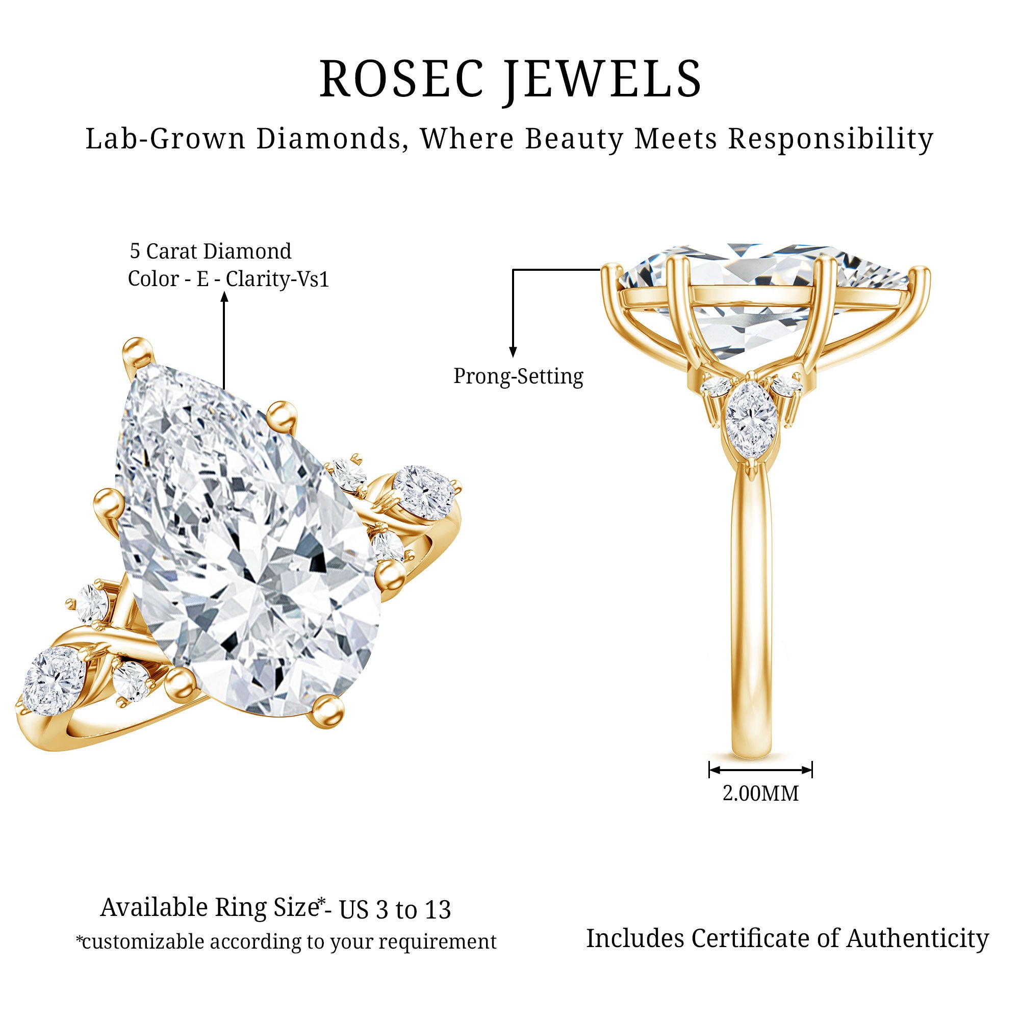 Rosec Jewels-IGI Certified 5 Carat Pear Cut Lab Grown Diamond Big Statement Ring