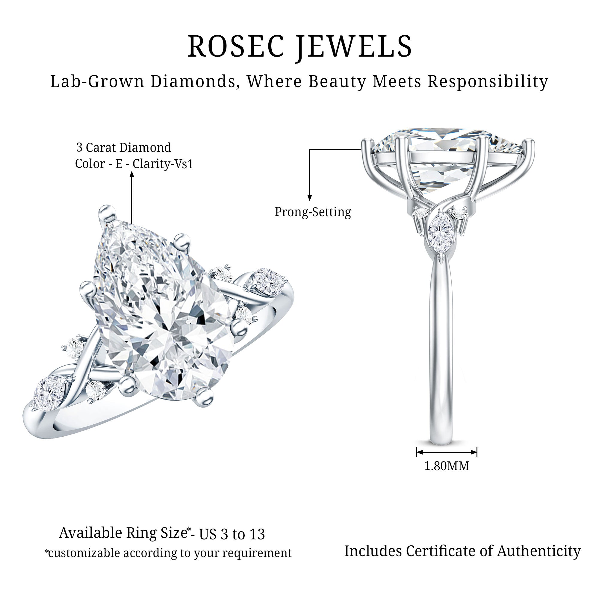 Rosec Jewels-Lab Grown 3 Carat Diamond Vintage Looking Engagement Ring with IGI Certificate