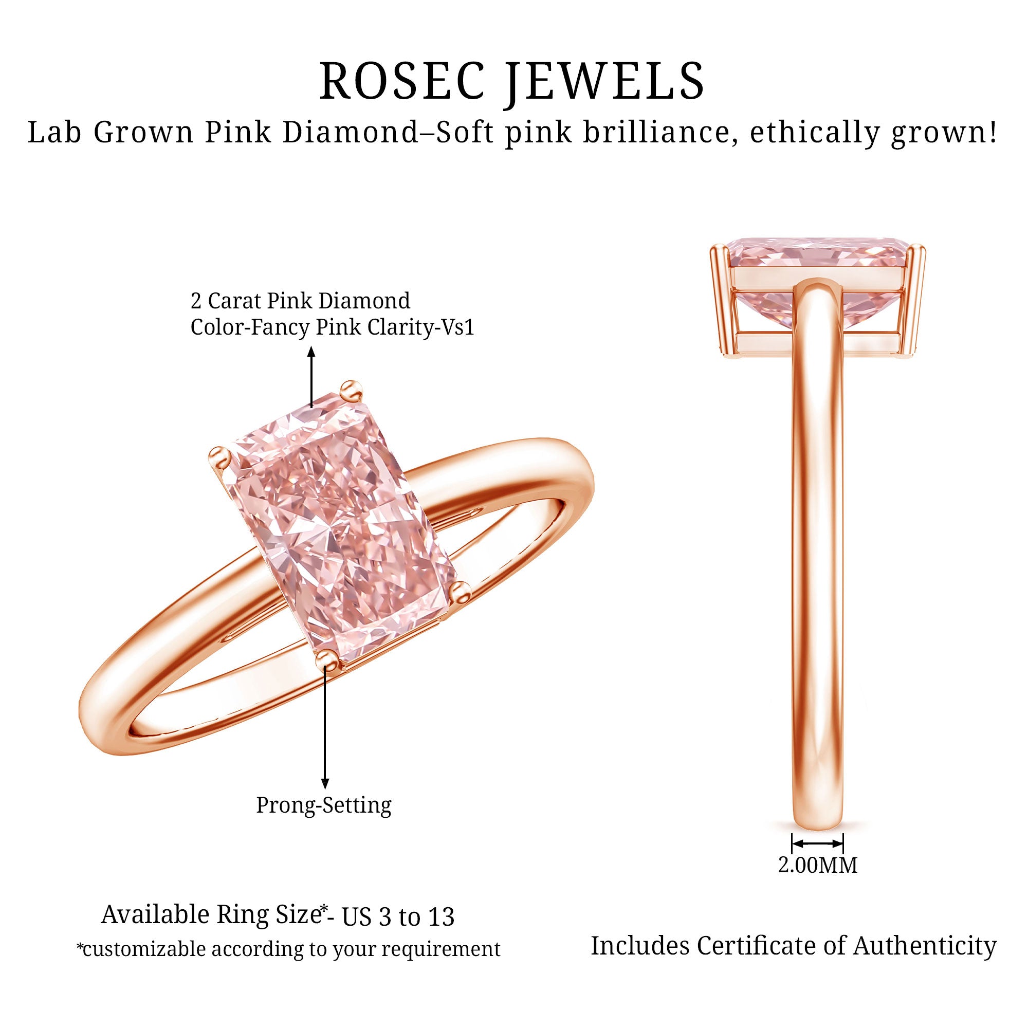 Rosec Jewels-Radiant Cut Lab Grown 2 Carat Pink Diamond Solitaire Engagement Ring IGI Certified