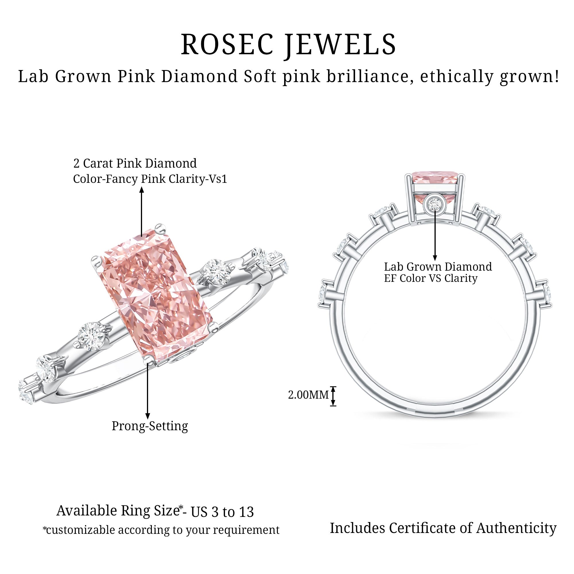 Rosec Jewels-Radiant Cut Lab Pink Diamond 2 Carat Engagement Ring with IGI Certificate