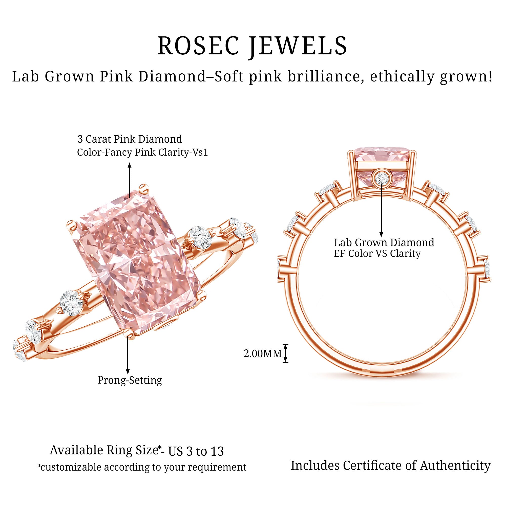 Rosec Jewels-IGI Certified 3 Carat Lab Pink Diamond Radiant Cut Engagement Ring with Spaced Accent