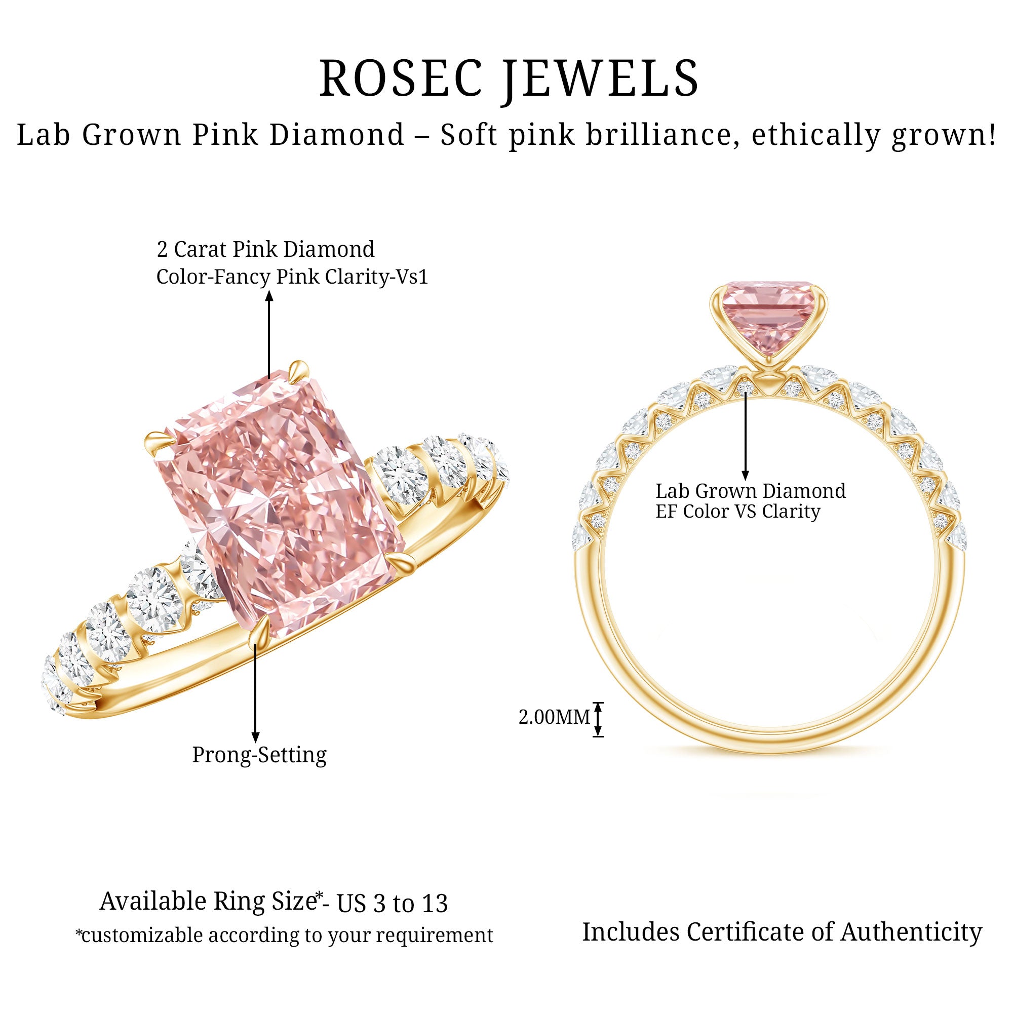 Rosec Jewels-Lab Grown Pink Diamond 2 Carat Radiant Cut Engagement Ring IGI Certified