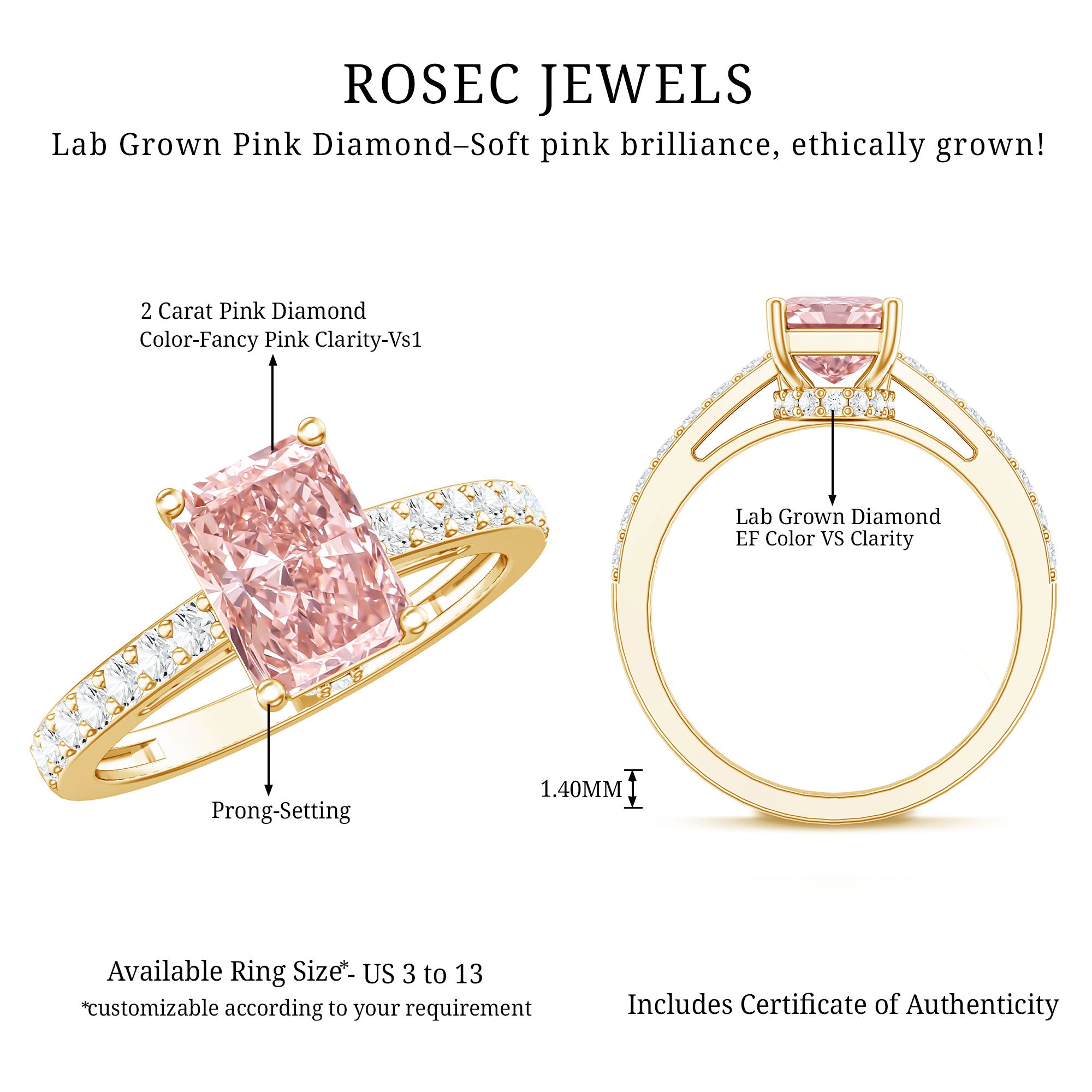 Rosec Jewels-2 Ct Radiant Cut Lab Grown Pink Diamond Hidden Halo Engagement Ring IGI Certified