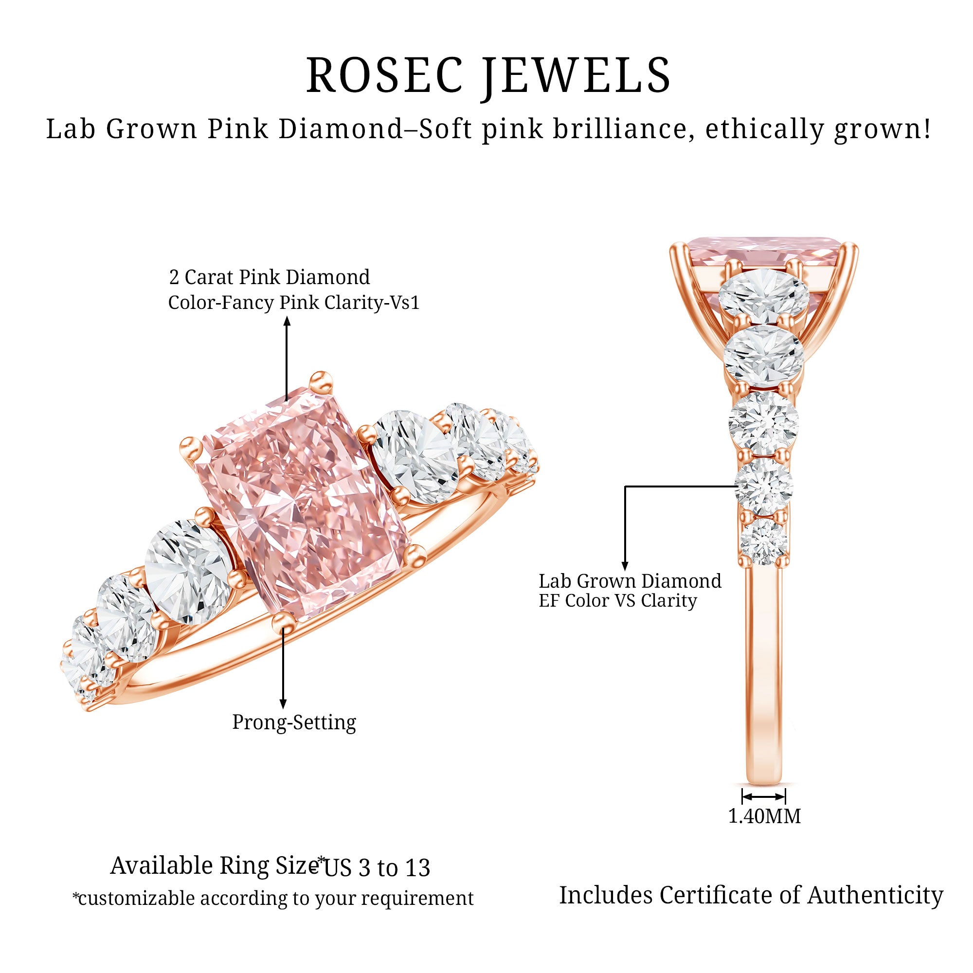 Rosec Jewels-IGI Certified 2 Ct Lab Grown Radiant Cut Pink Diamond Engagement Ring with Side Stones