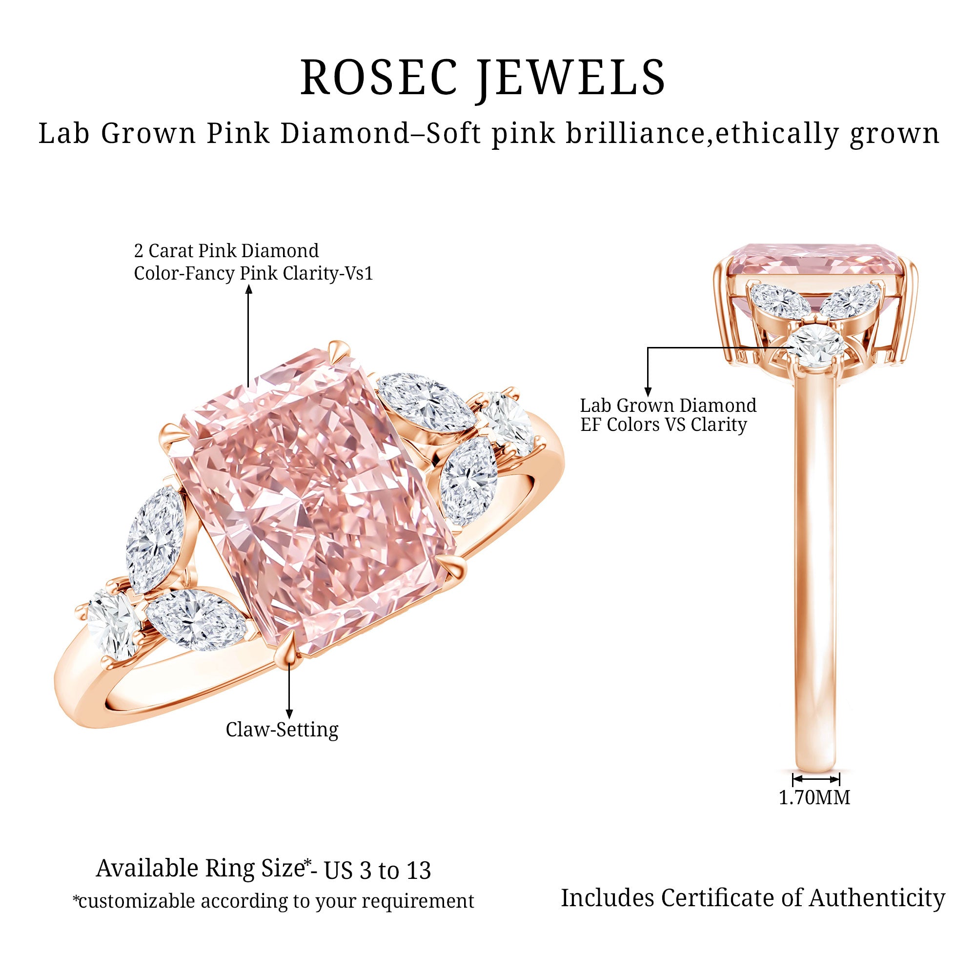 Rosec Jewels-IGI Certified 2 Carat Radiant Cut Lab Pink and White Diamond Engagement Ring For Women