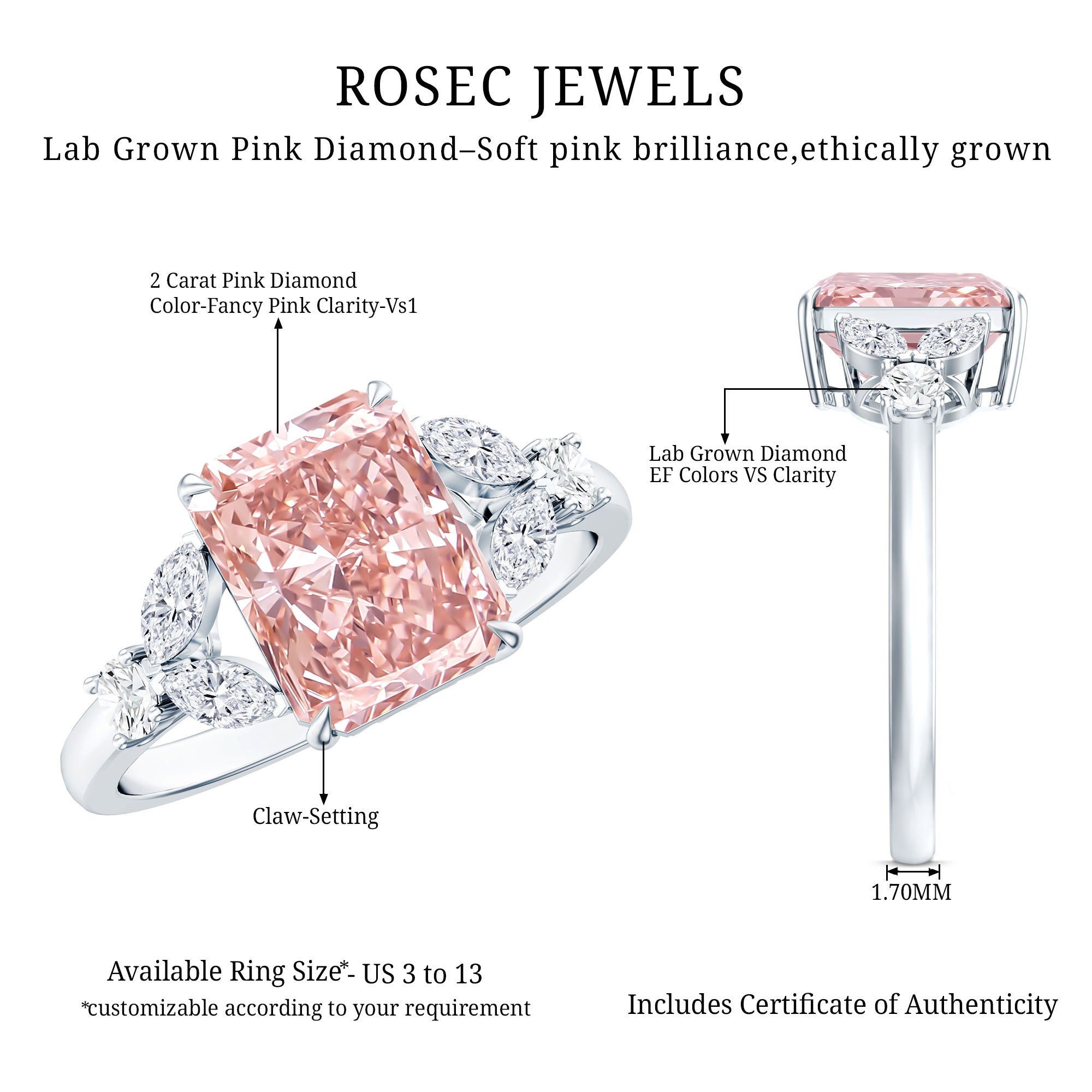 Rosec Jewels-IGI Certified 2 Carat Radiant Cut Lab Pink and White Diamond Engagement Ring For Women