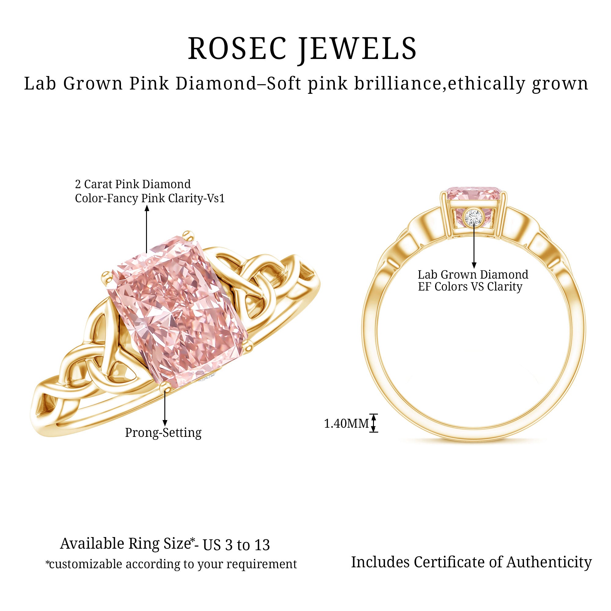 Rosec Jewels-Radiant Cut 2 Ct Lab Grown Pink Diamond Celtic Engagement Ring with IGI Certificate